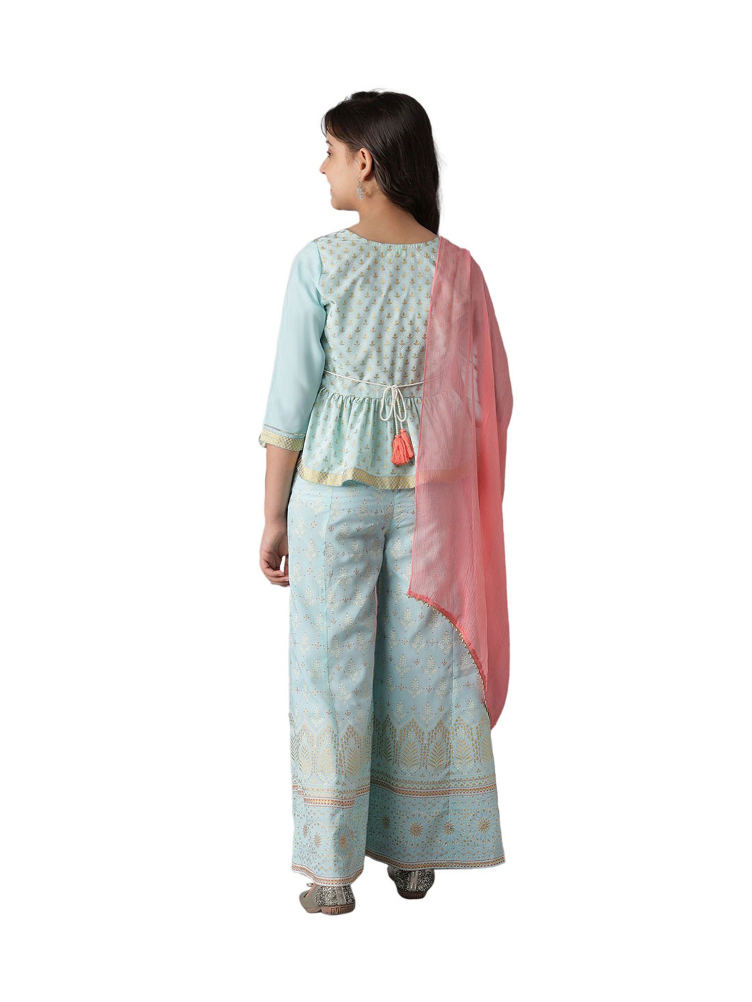 Aurelia Kids Blue & Pink Printed Short Kurta, Palazzos with Dupatta