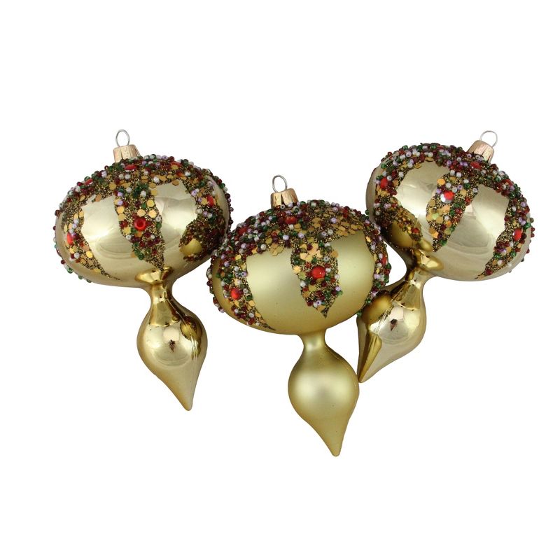 Barcana 3ct Glitter Sequin Beaded Shatterproof Christmas Finial Ornament Set 5" - Gold