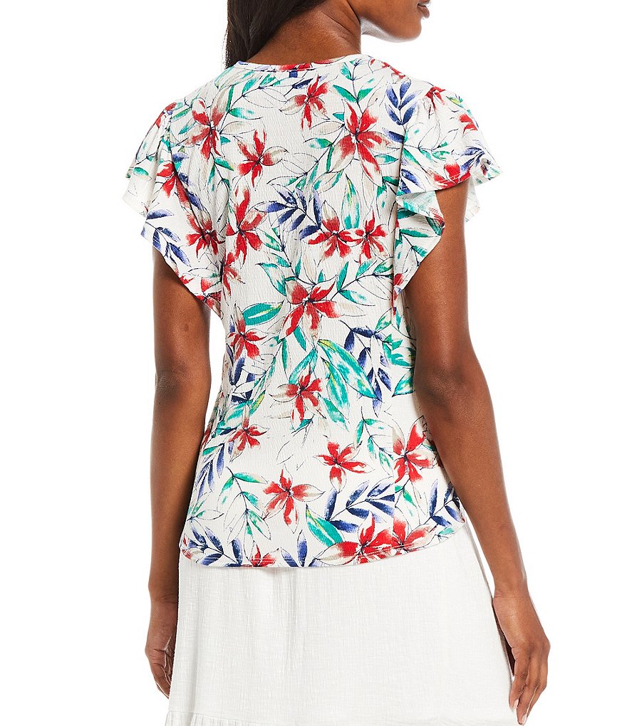 I.N. Studio Tropical Floral Print Knit Ruffle Dolman Cap Sleeve Tie-Front Top