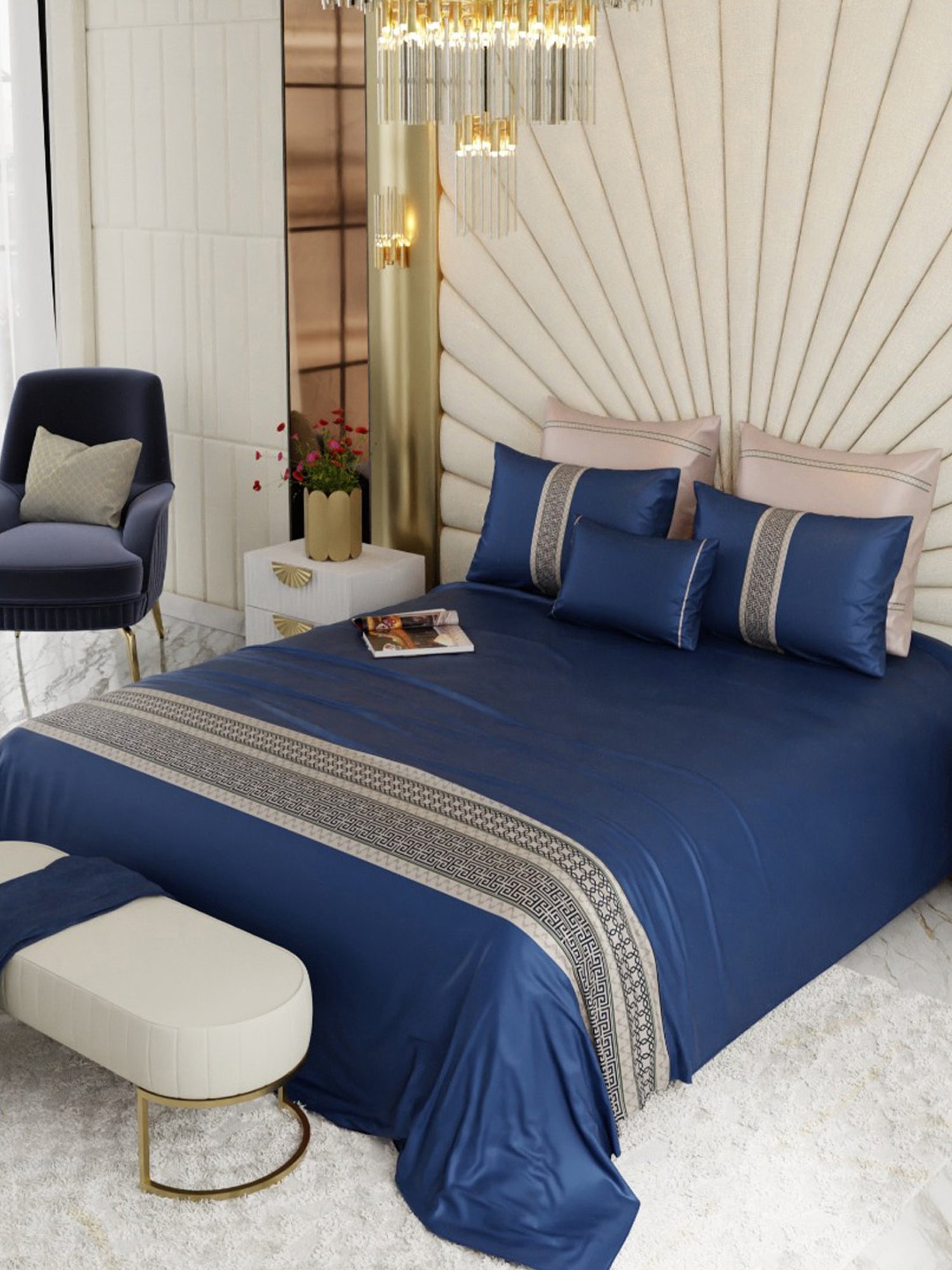 Stoa Paris Sapphire Splendour Navy Blue 300 TC Polyester Super king Crown of Versailles Bedding Set