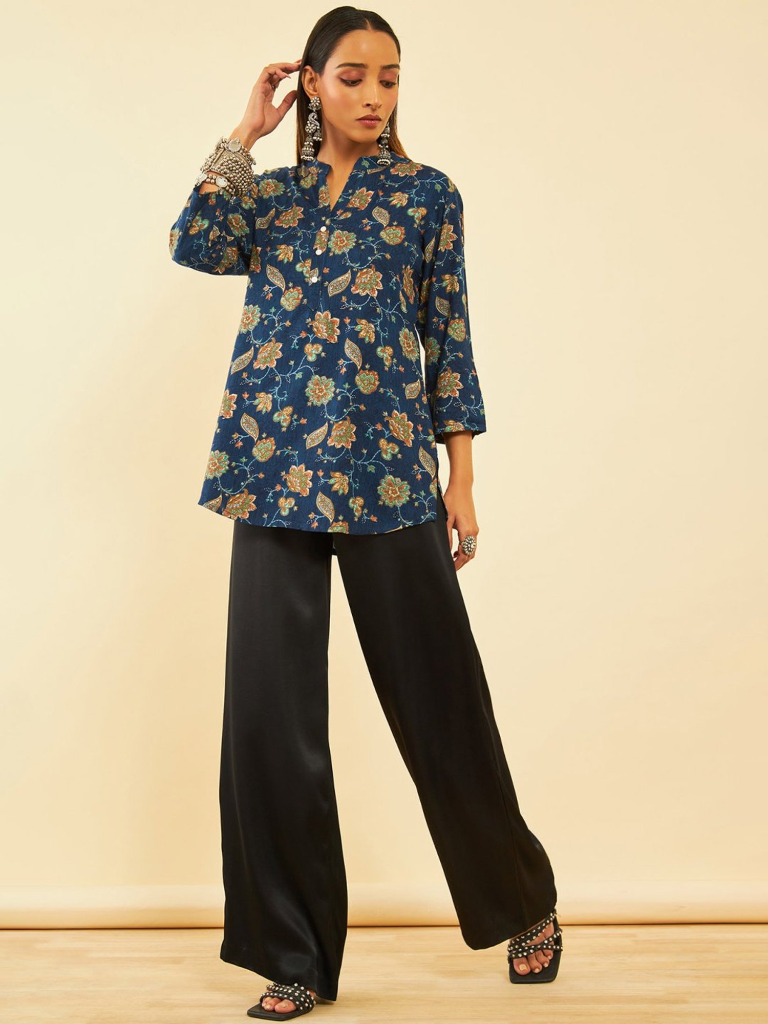 Soch Womens Navy Blue Rayon Floral Foil Printed Mandarin Collar Tunic