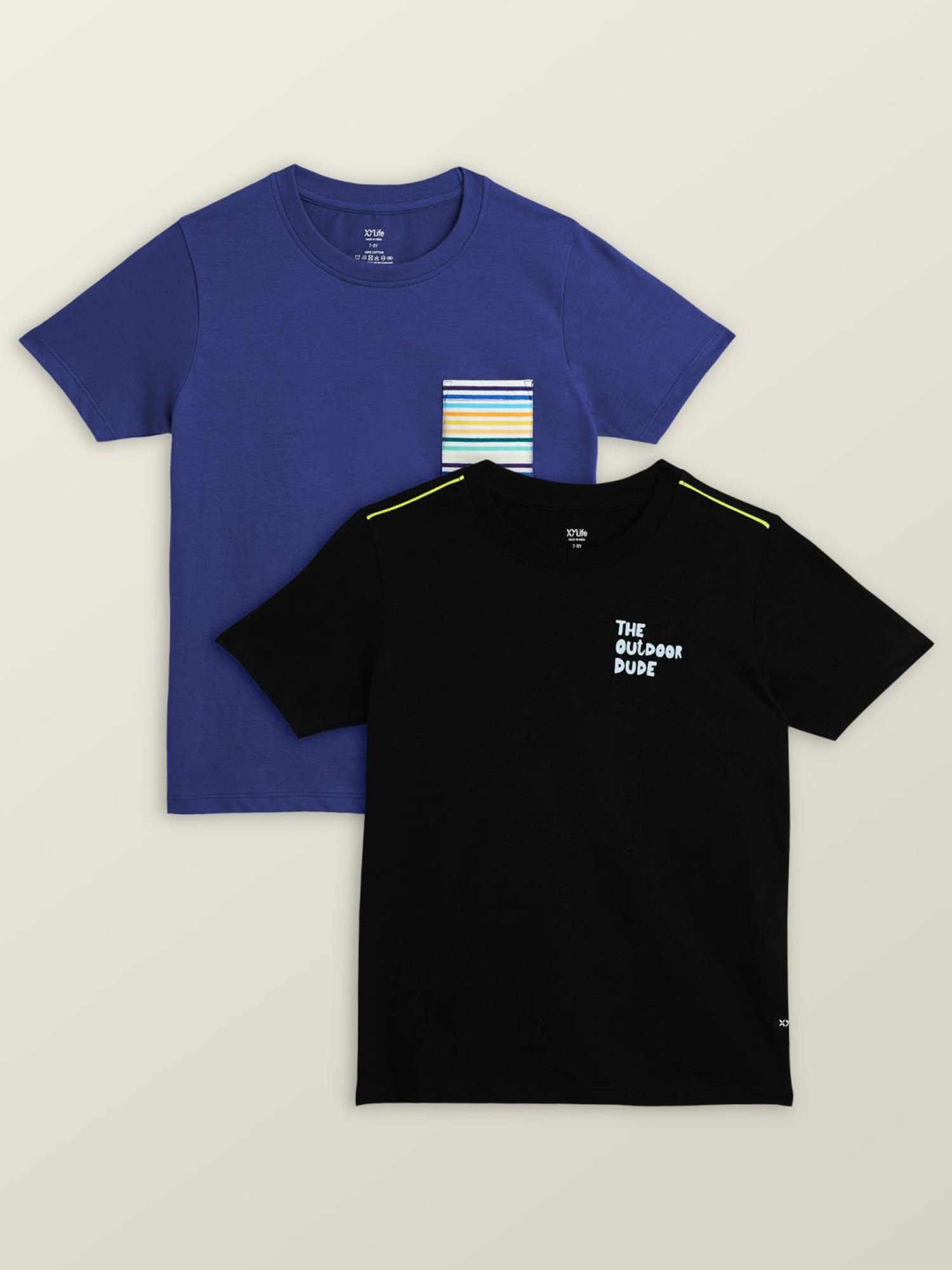 XY Life Kids Blue & Black Cotton Relaxed Fit T-Shirts (Pack of 2)