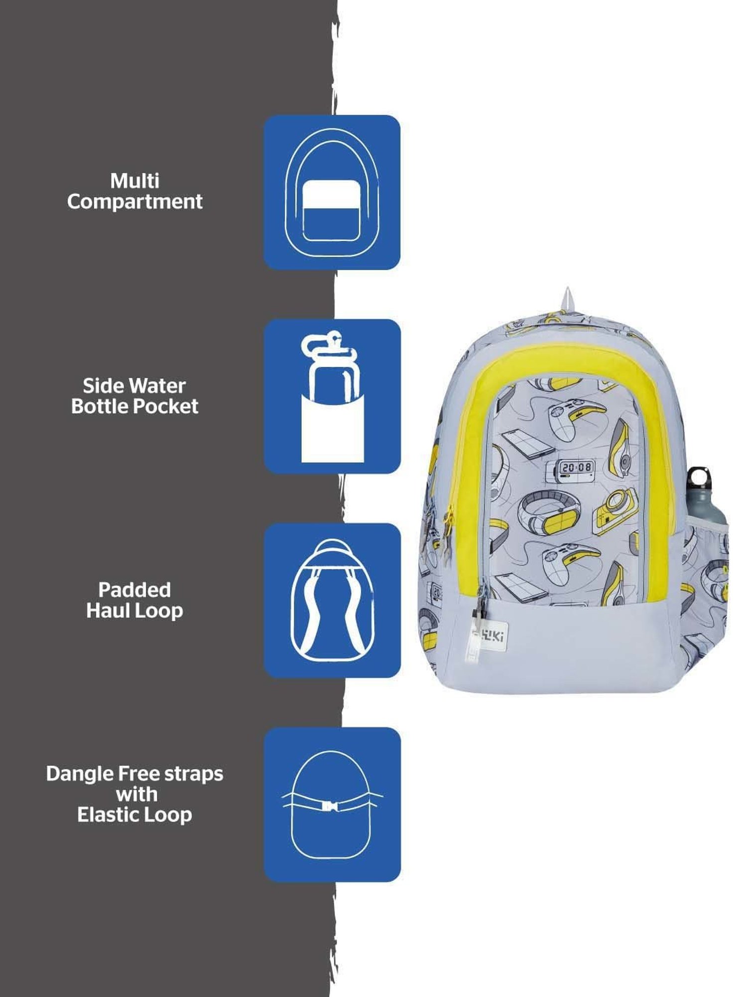 Wiki 31.5 Ltrs Grey & Yellow Medium Backpack
