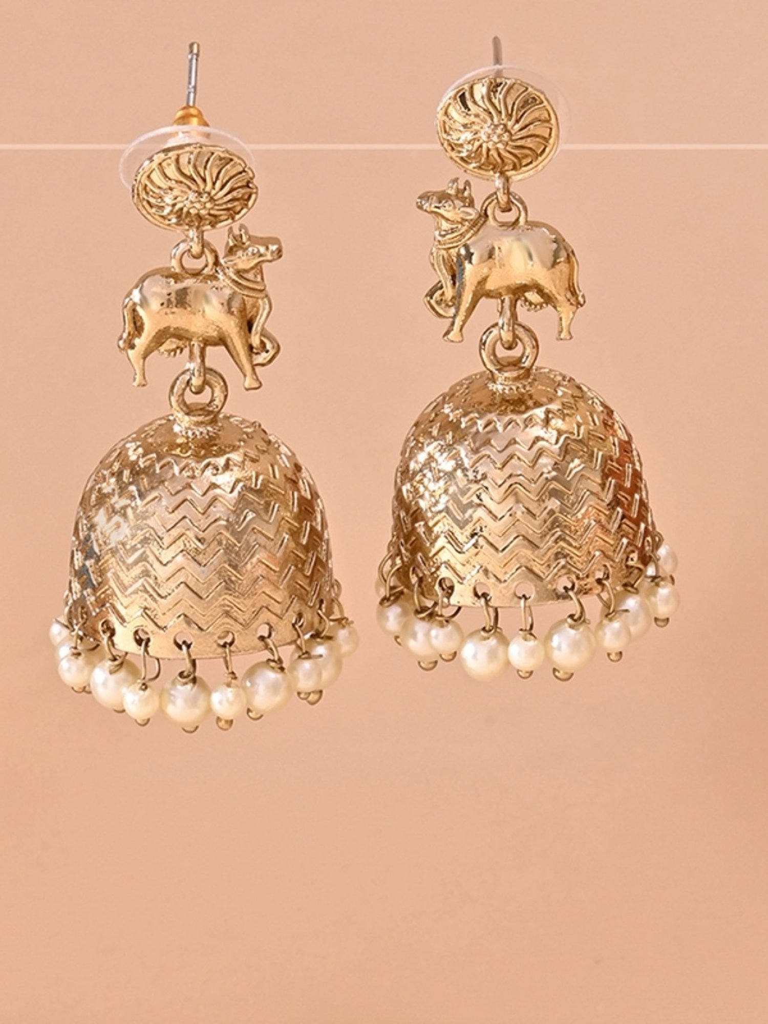 Fida White Ethnic Wedding Dome Shape Pearl Nandi Cow Temple Jhumki Earrings