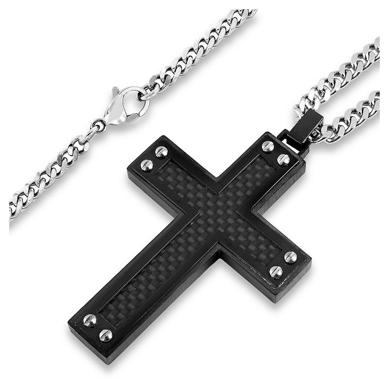 Men's Crucible Blackplated Stainless Steel Black Carbon Fiber Inlay and Screw Accents Cross Pendant