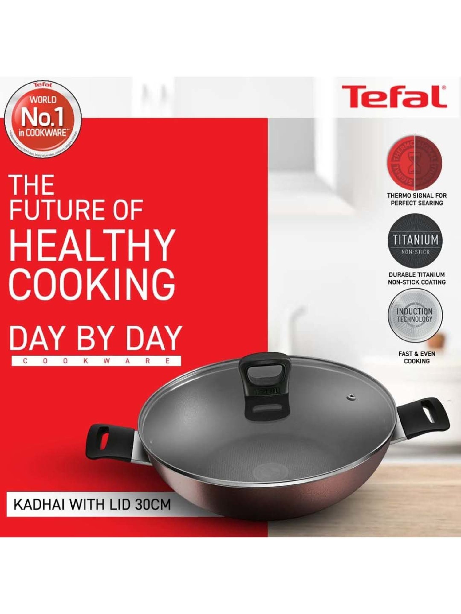 Tefal Day By Day Brown Aluminium 30 cm Non Stick Kadhai With Lid (5 L)