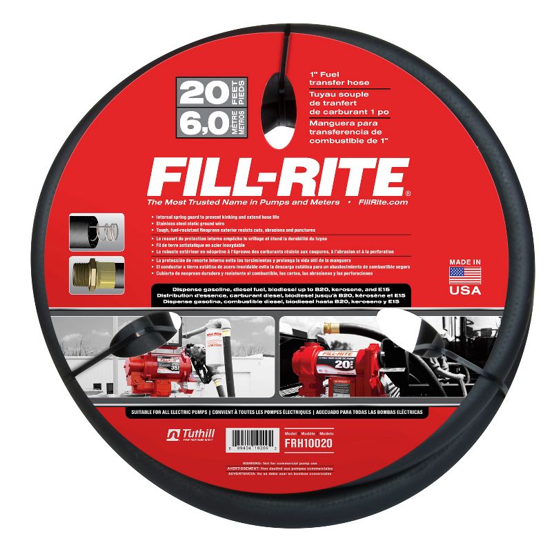 Fill Rite FRH10020 1 Inch x 20 Foot Neoprene Gasoline, Diesel, Biodiesel Fuel Pump Transfer Hose with Ground Wire and 1 Inch Male Fittings, Black
