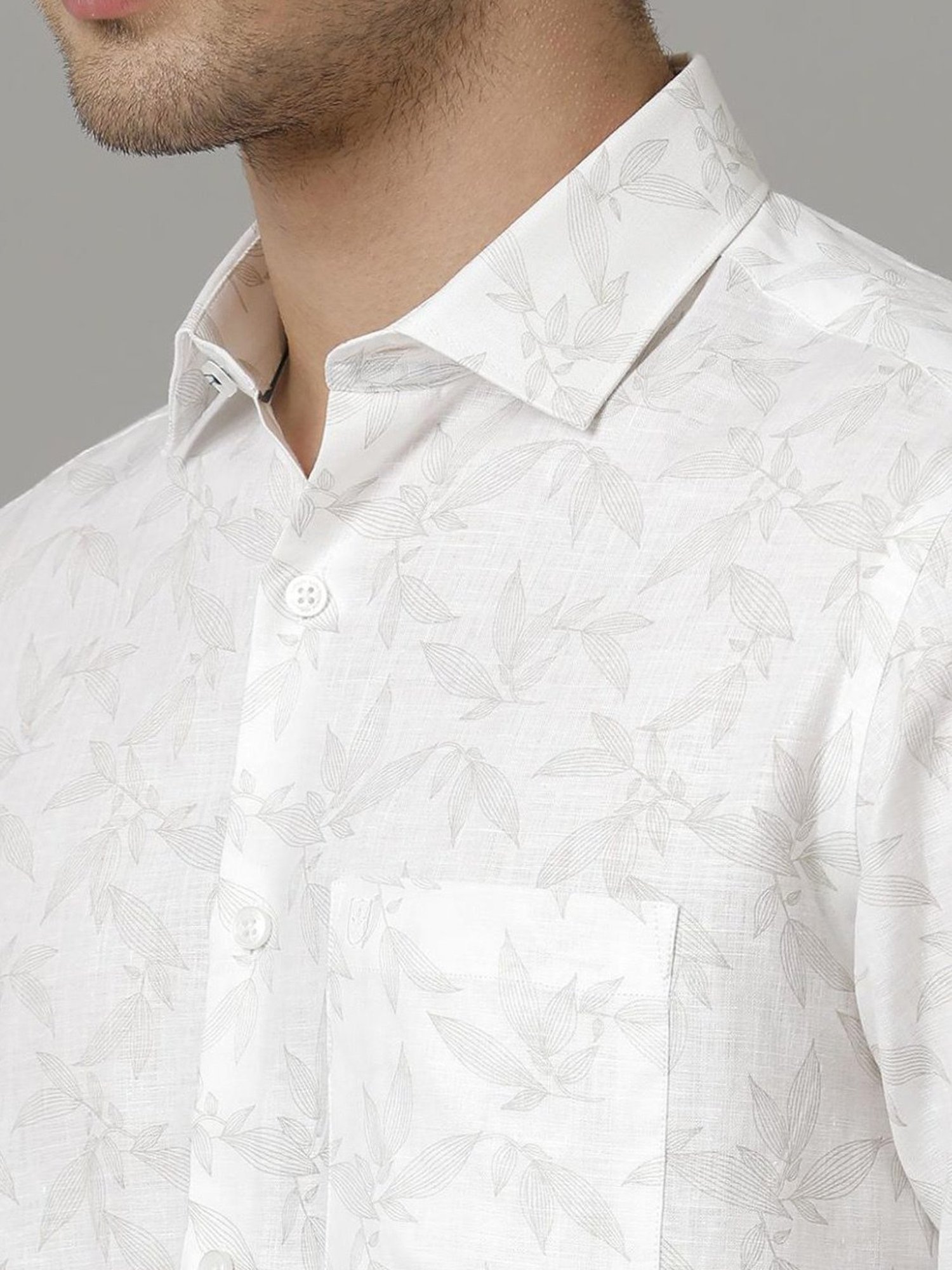 Linen Club White Linen Contemporary Fit Printed Shirt