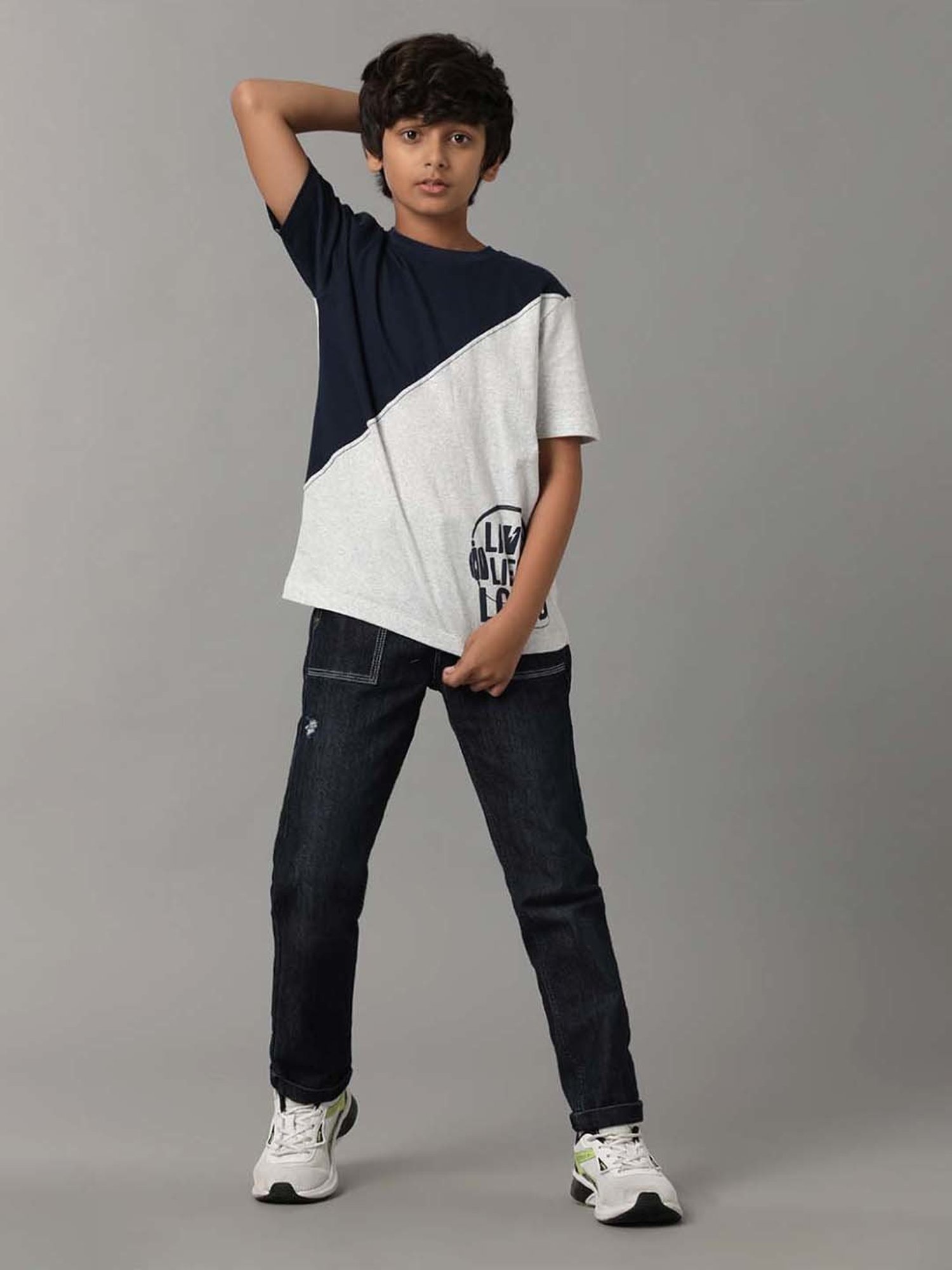 Under Fourteen Only Kids Navy & White Cotton Printed T-Shirt