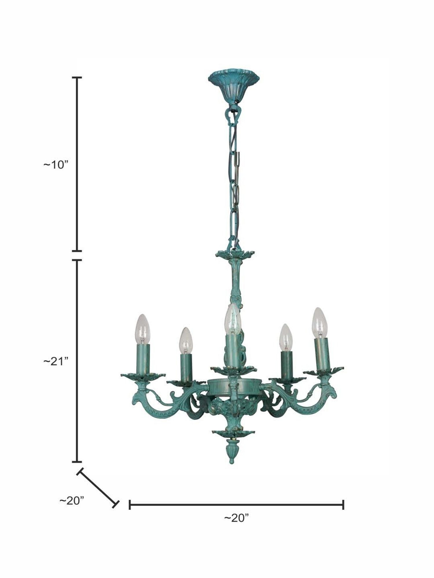 FOS LIGHTING Distressed White & Green Aluminium 5-In-1 Candlebra Chandelier