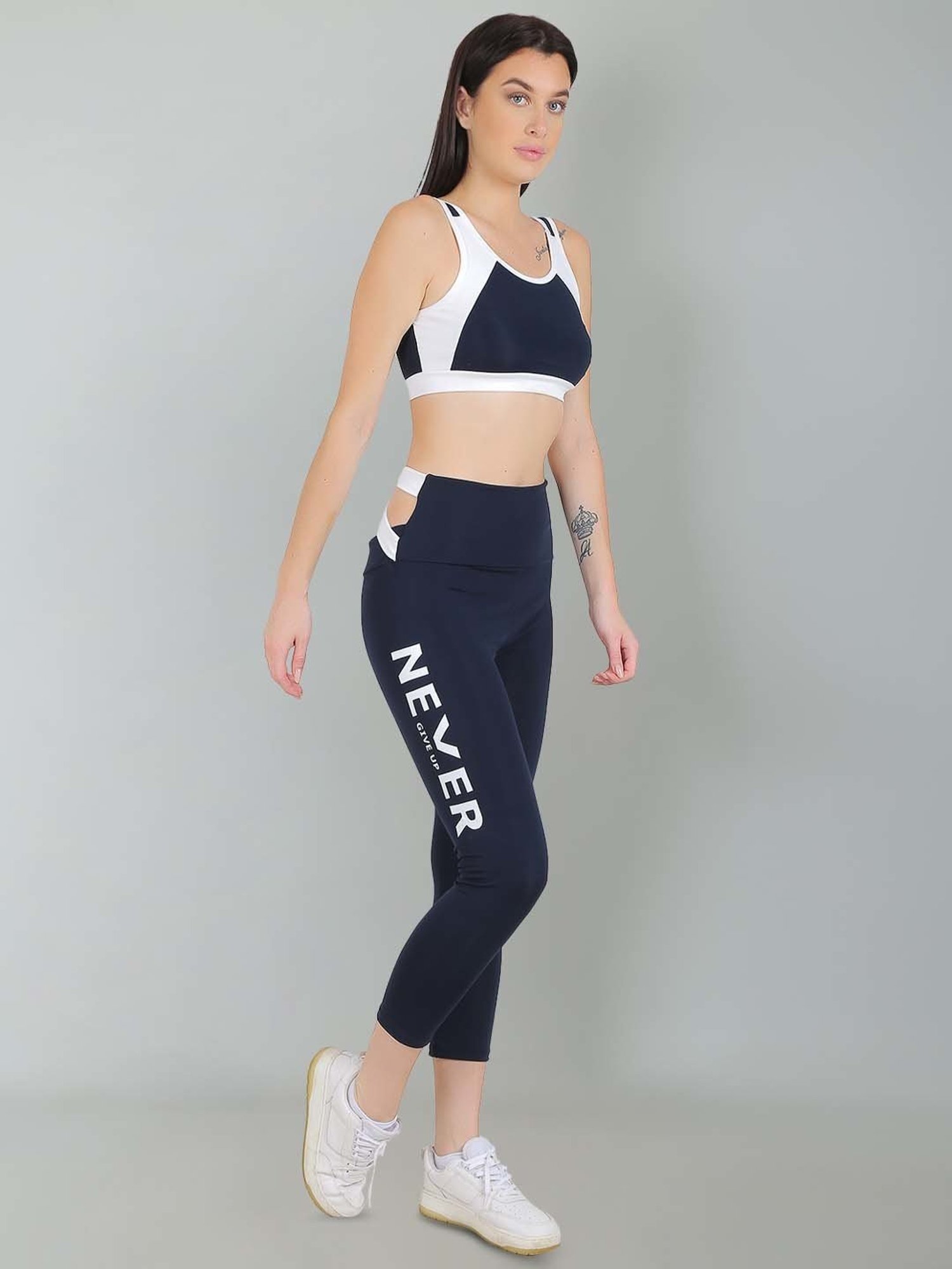 N-Gal Navy & White Printed Sports Bra With Tights Set