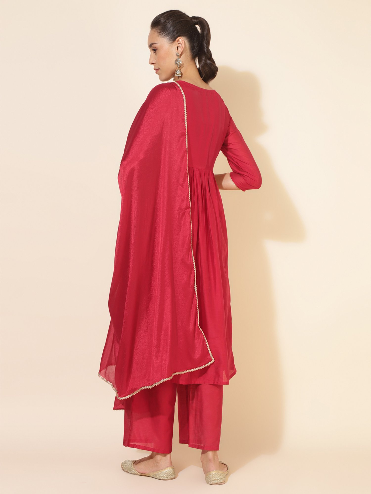 Janasya Red Chanderi Embellished Kurta With Palazzo & Dupatta