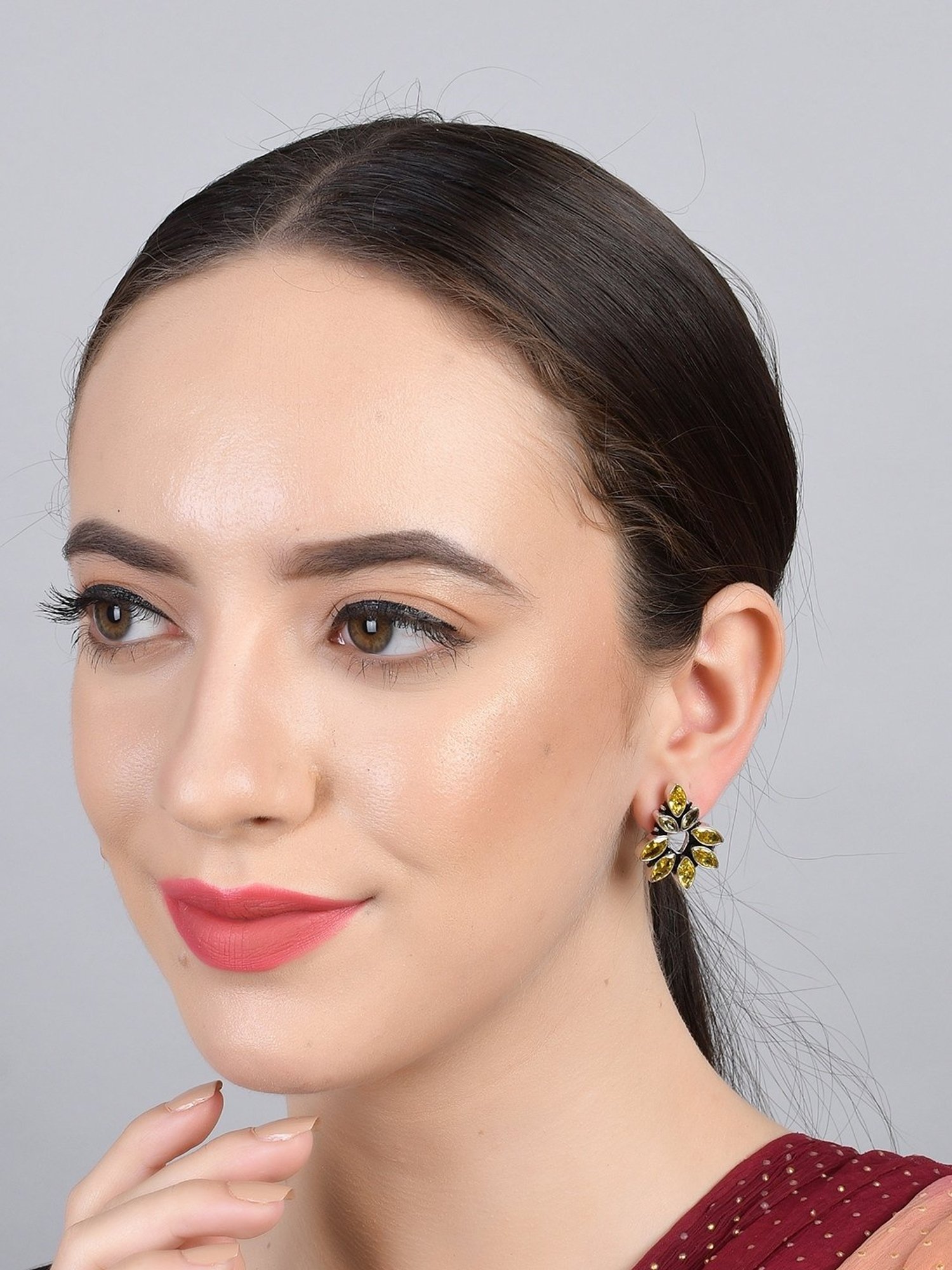 Imli Street Yellow Silver Tone Stone-Studded Handcrafted Stud Earrings