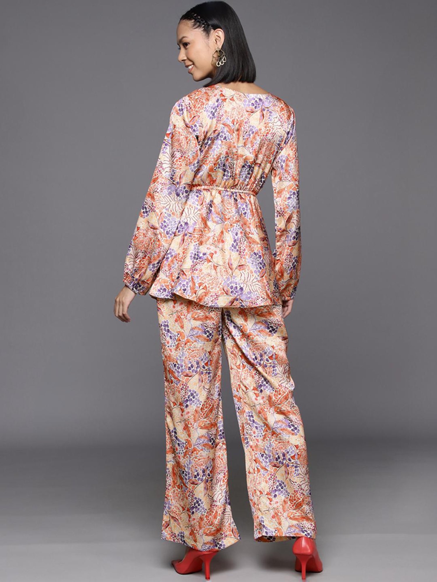 Varanga Beige Floral Print Top Pant Set