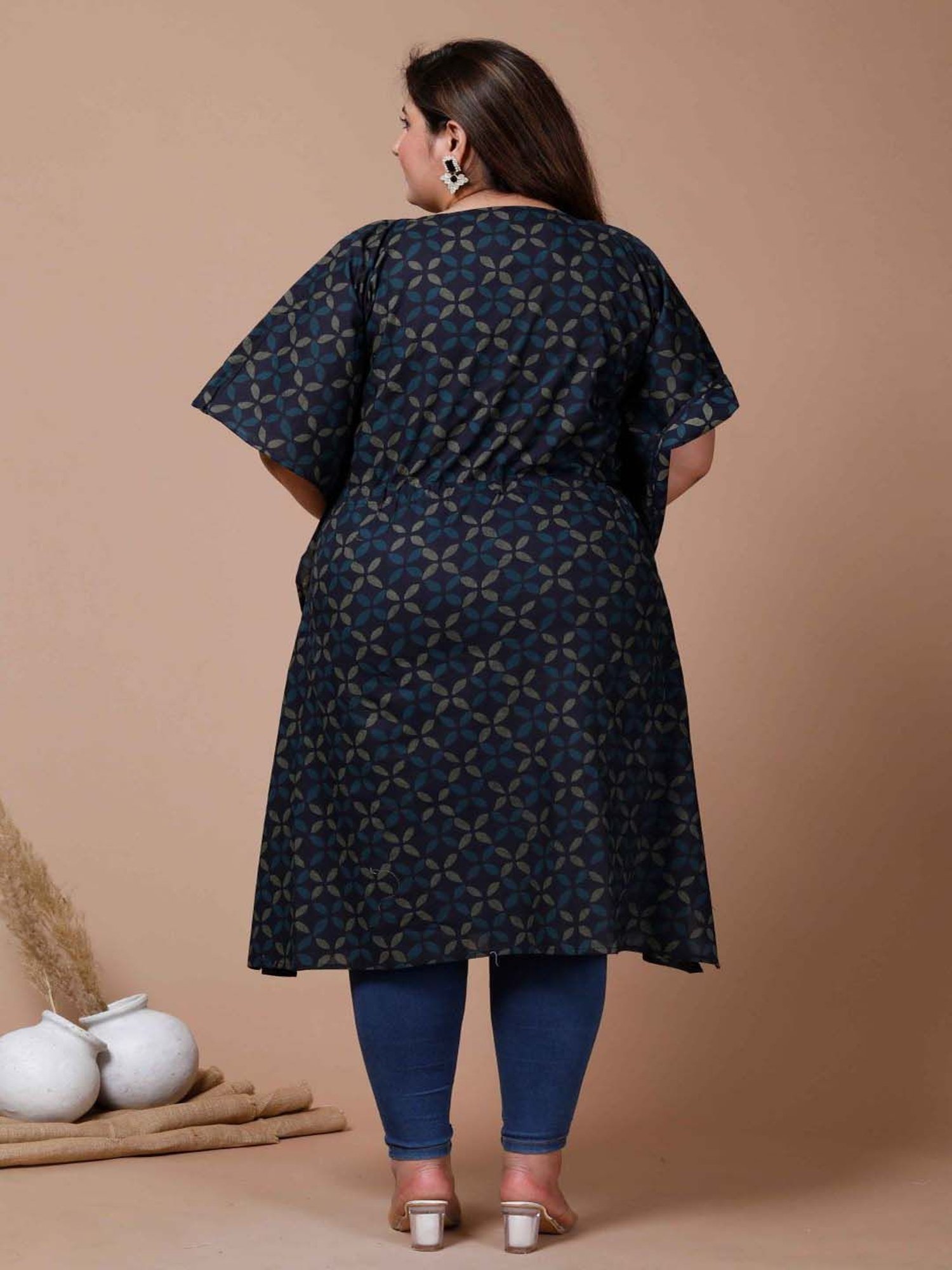 Miravan Blue Cotton Printed A Line Kaftan