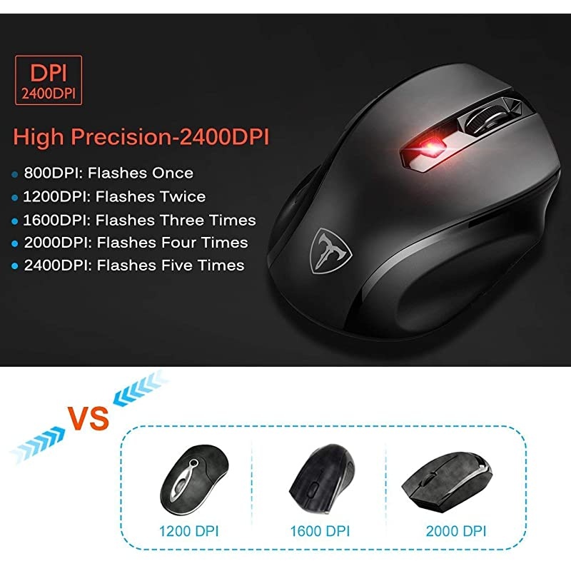 Wireless Mouse 24G 2400DPI Ergonomics Cordless Mouse with USB Receiver Finger Rest 5 Adjustable DPI Levels Mobile USB Mice for Chromebook Notebook MacBook Laptop Computer PC Silver
