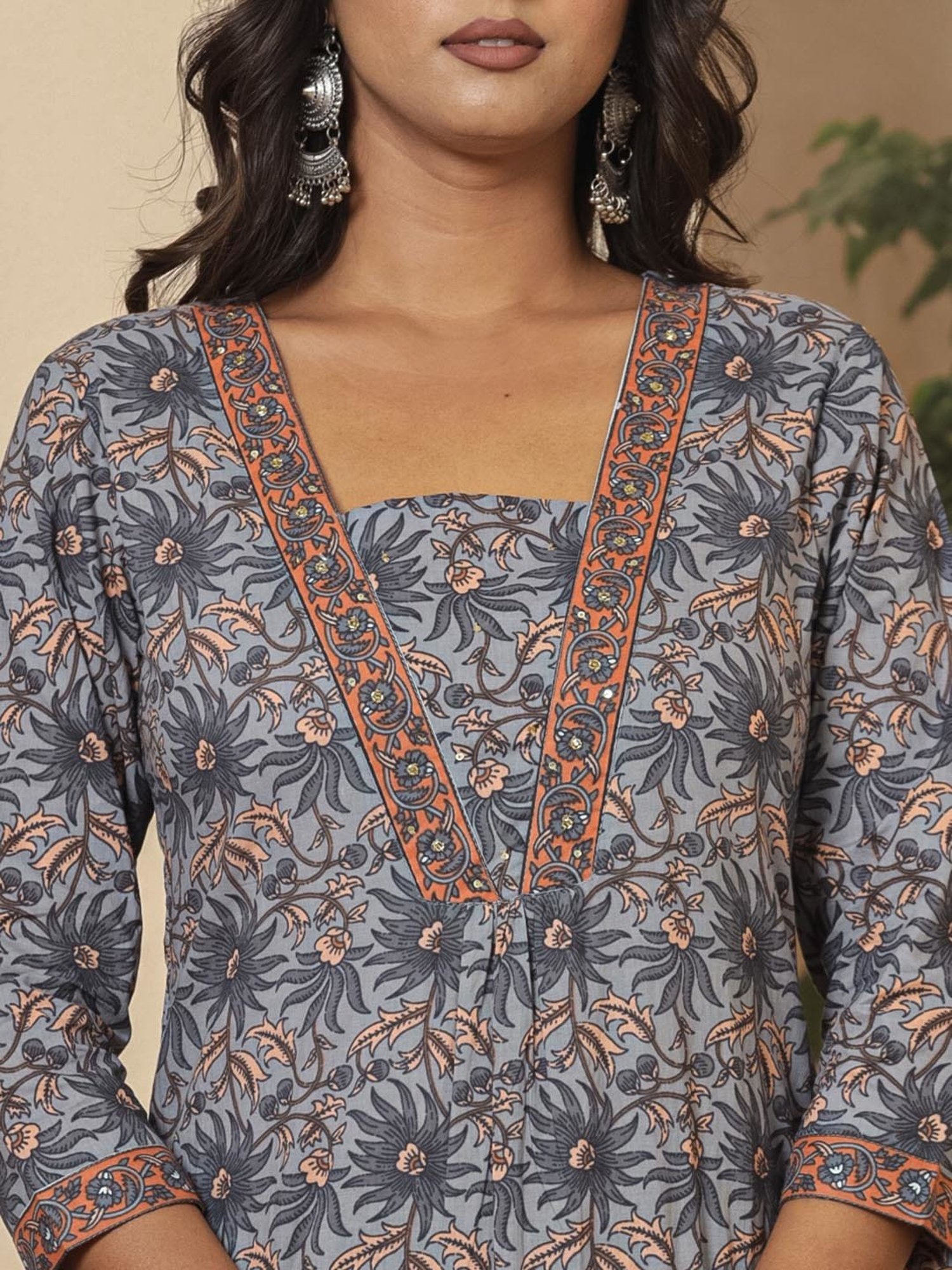 Yufta Grey Cotton Floral Print Kurta & Pant Set with Dupatta