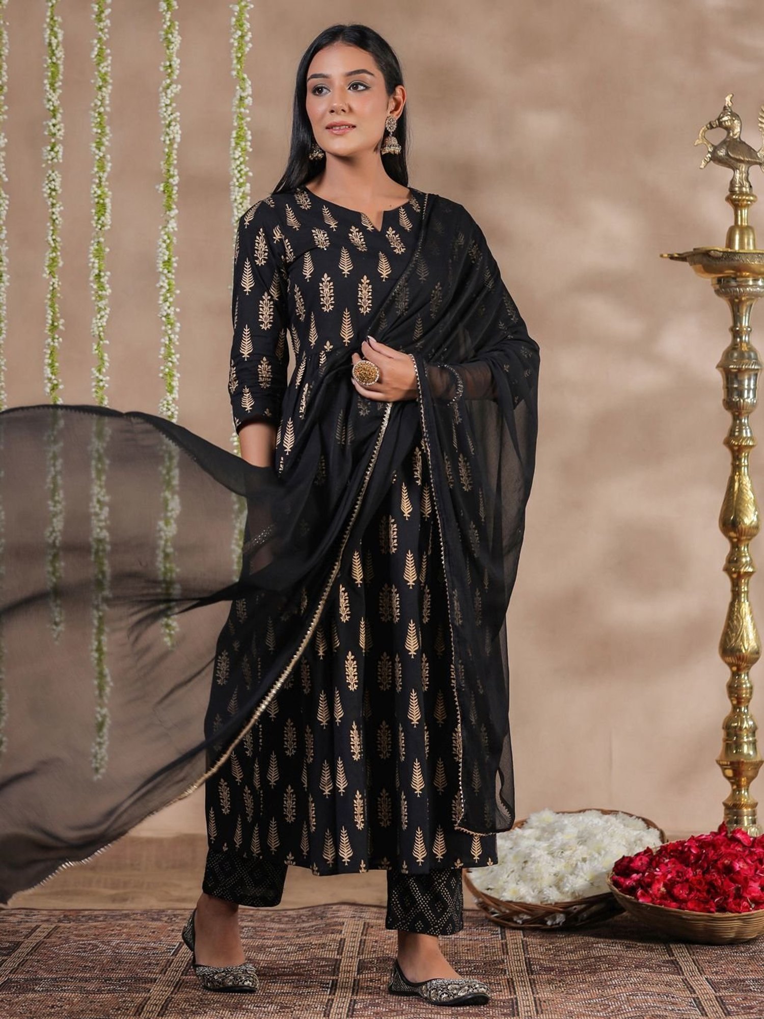 Anubhutee Black Cotton Printed Kurta Pant Set With Dupatta
