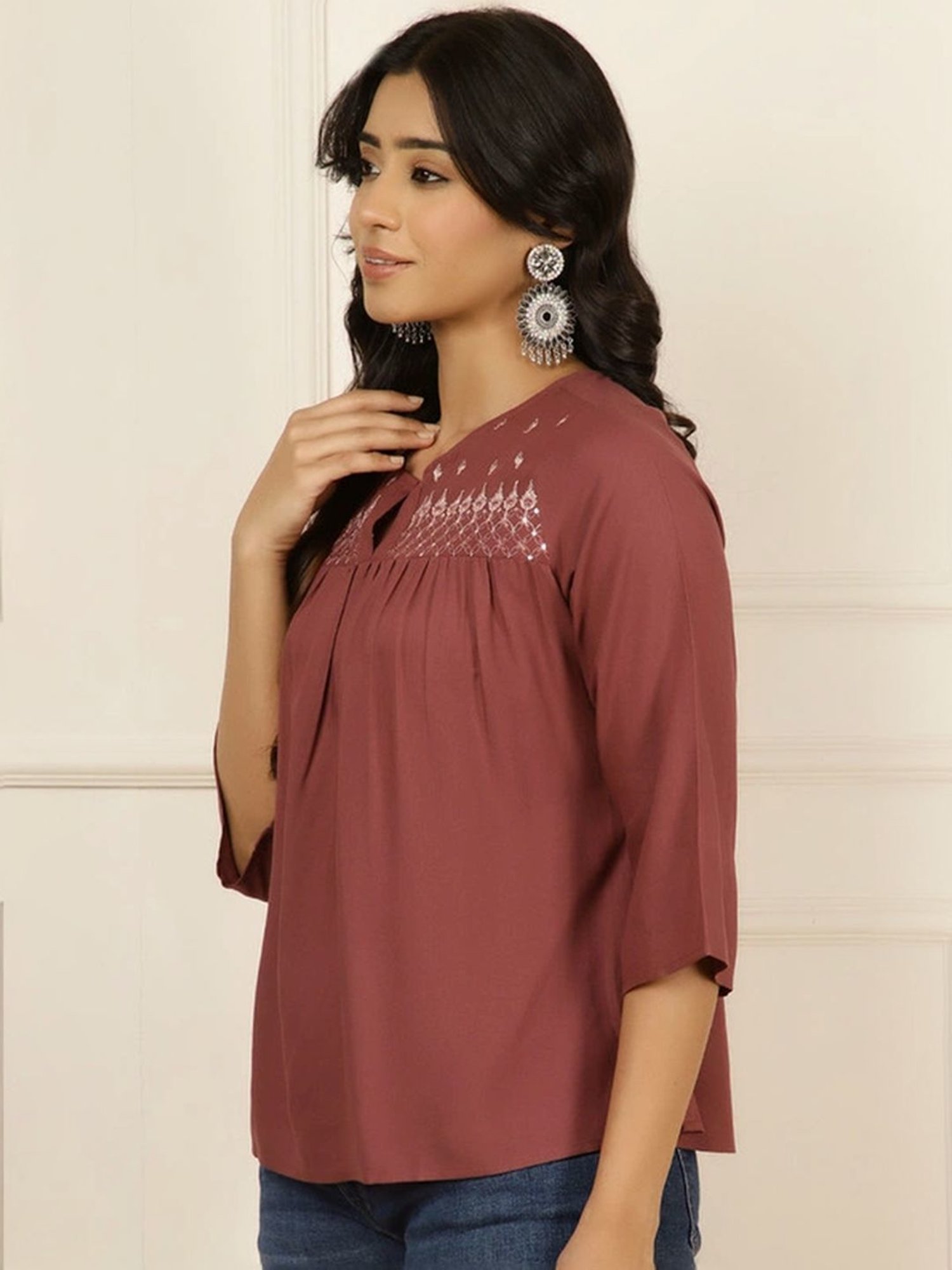 Jaipur Kurti Brown Embroidered Top