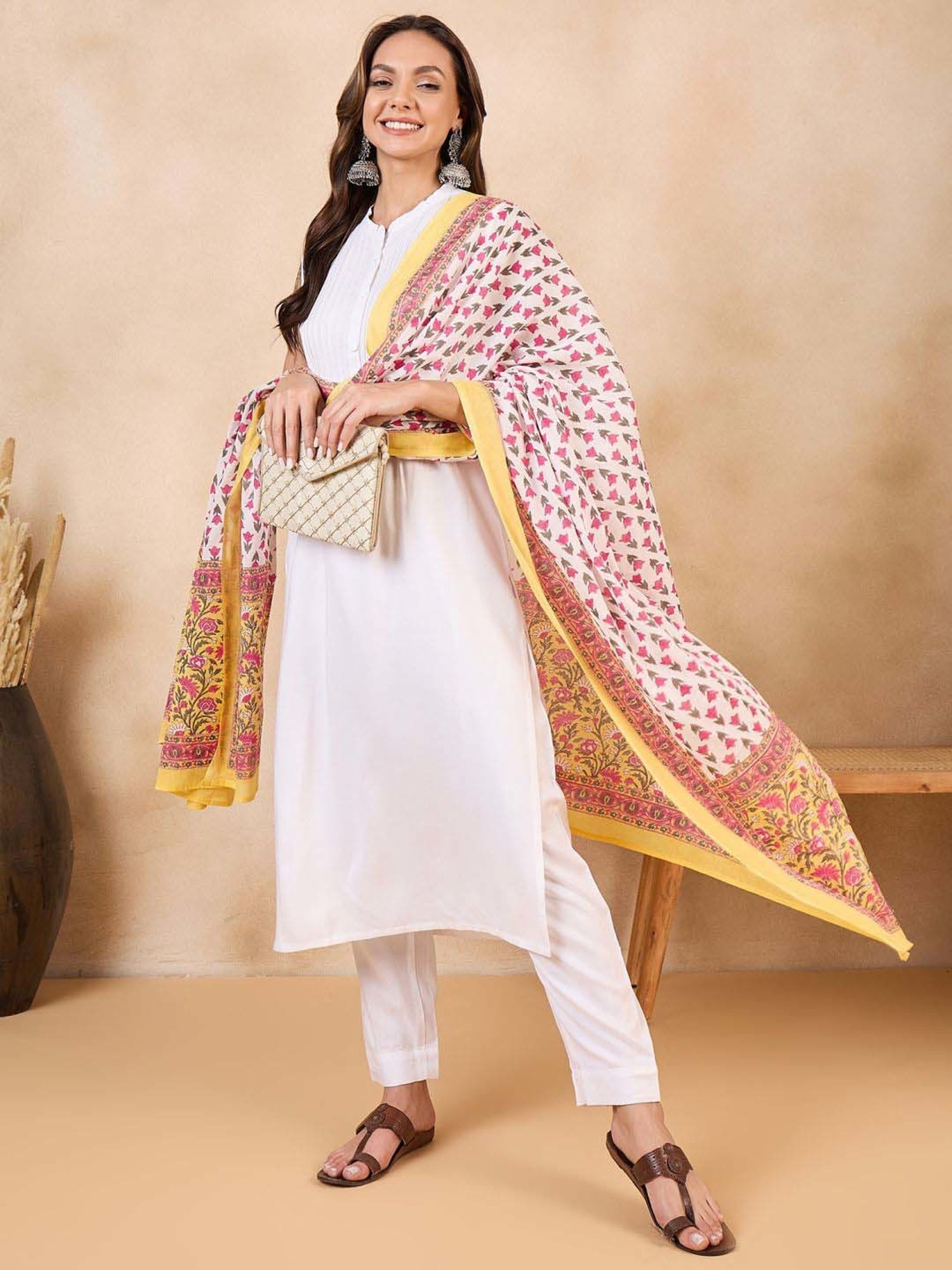 Inweave White & Red Cotton Floral Print Dupatta