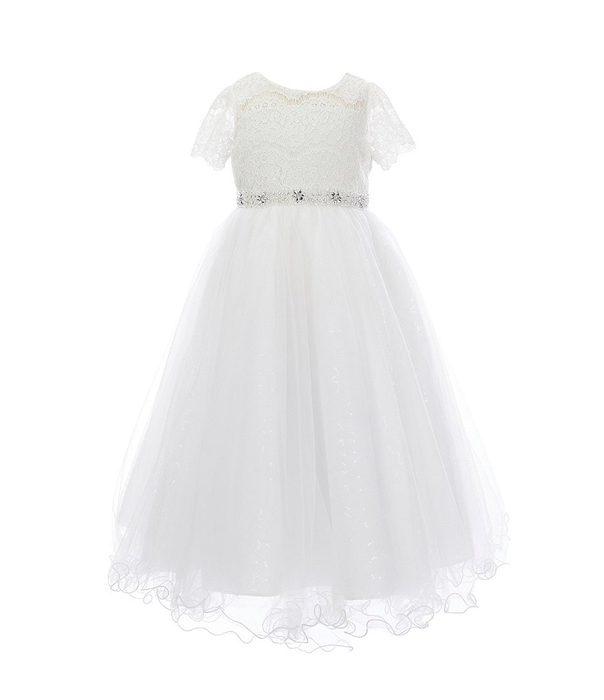 Rare Editions Little Girls 2T-6X Bow-Waist Satin/Jacquard-Stripe Hi-Low Ballgown