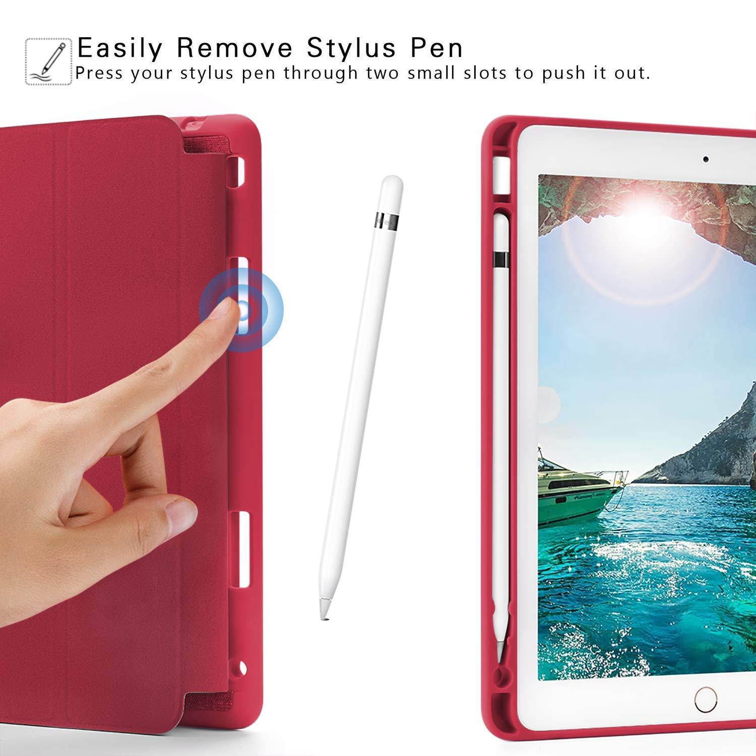 Soke New iPad 9.7 2018/2017 Case with Pencil Holder, Lightweight iPad Case Trifold Stand with Shockproof Soft TPU Back Cover and Auto Sleep/Wake Function for iPad 9.7 inch 5th/6th Generation, Red