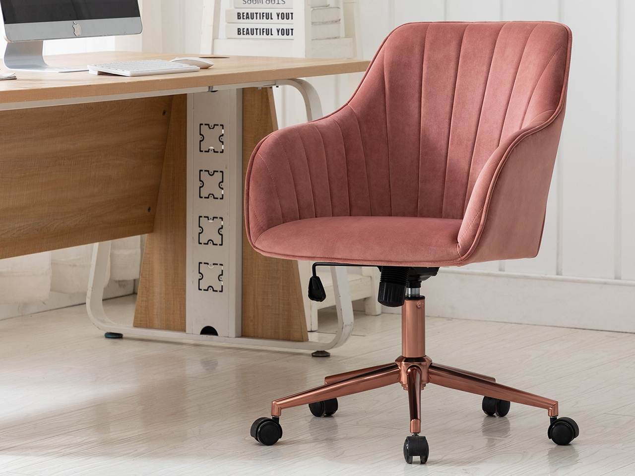 Swivel Height Adjustable Task Chair with Arms Velvet Upholstered Office Chair