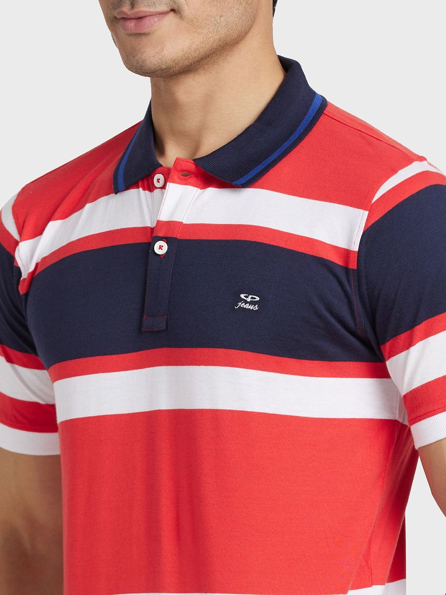 Colorplus Red Cotton Tailored Fit Striped Polo T-Shirt