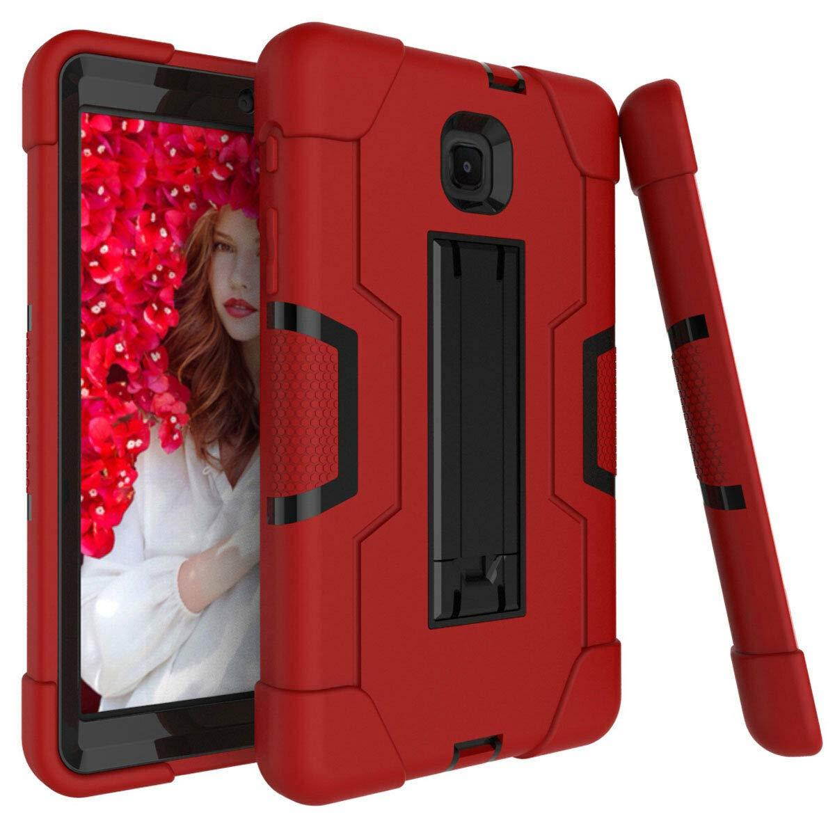 FastSun Hybrid Silicone Hard Back Rugged Shockproof Protection Case Armor Dual Structure Military Heavy Duty Rubber with Plastic Stand Cover for Samsung Tab A 8.0 2018 T387 / T387V (Red-Black)