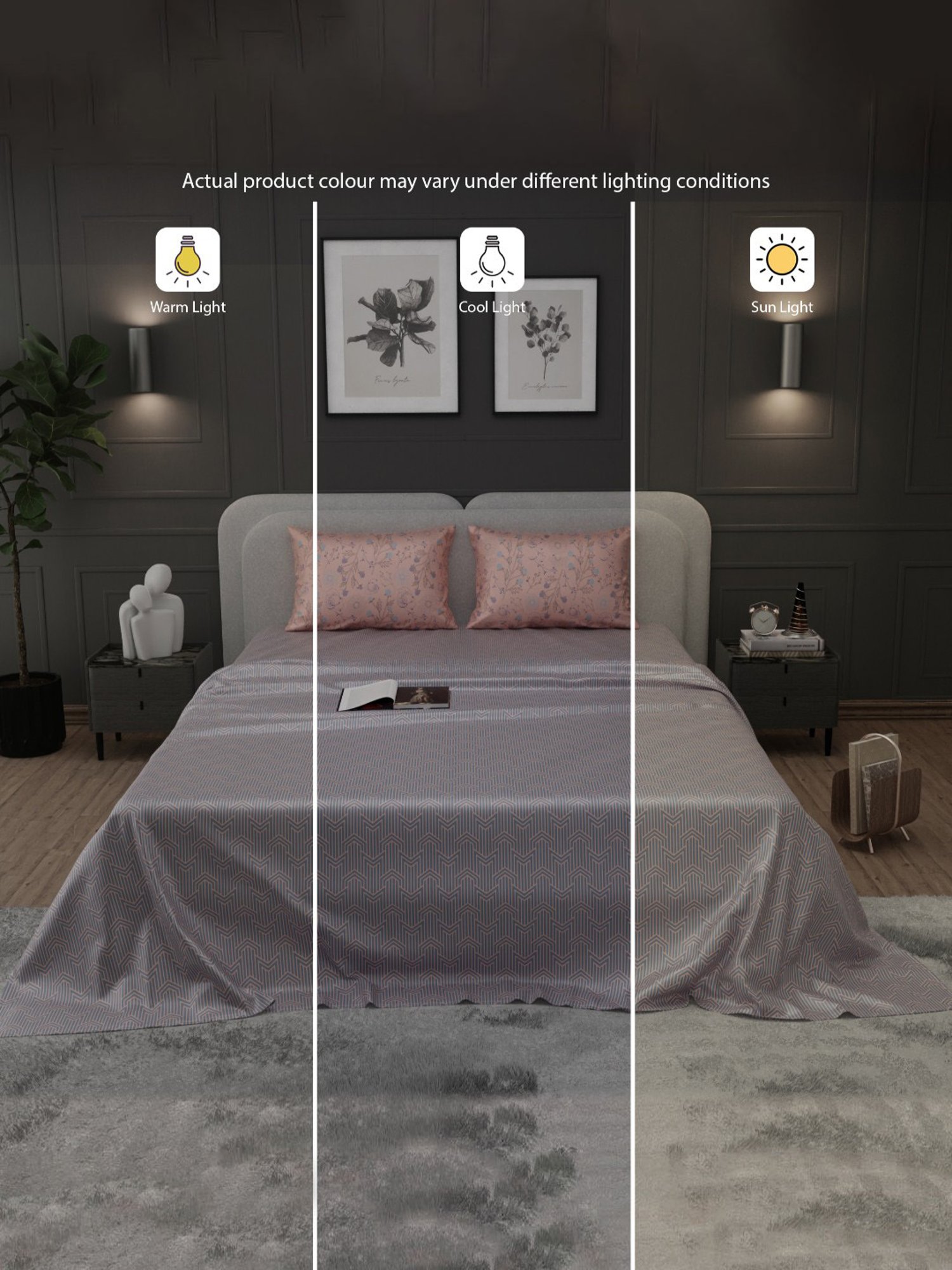 Stoa Paris Elegance Grey Polyester 300 TC Sateen King Size Bed Sheet With 2 Pillow Covers