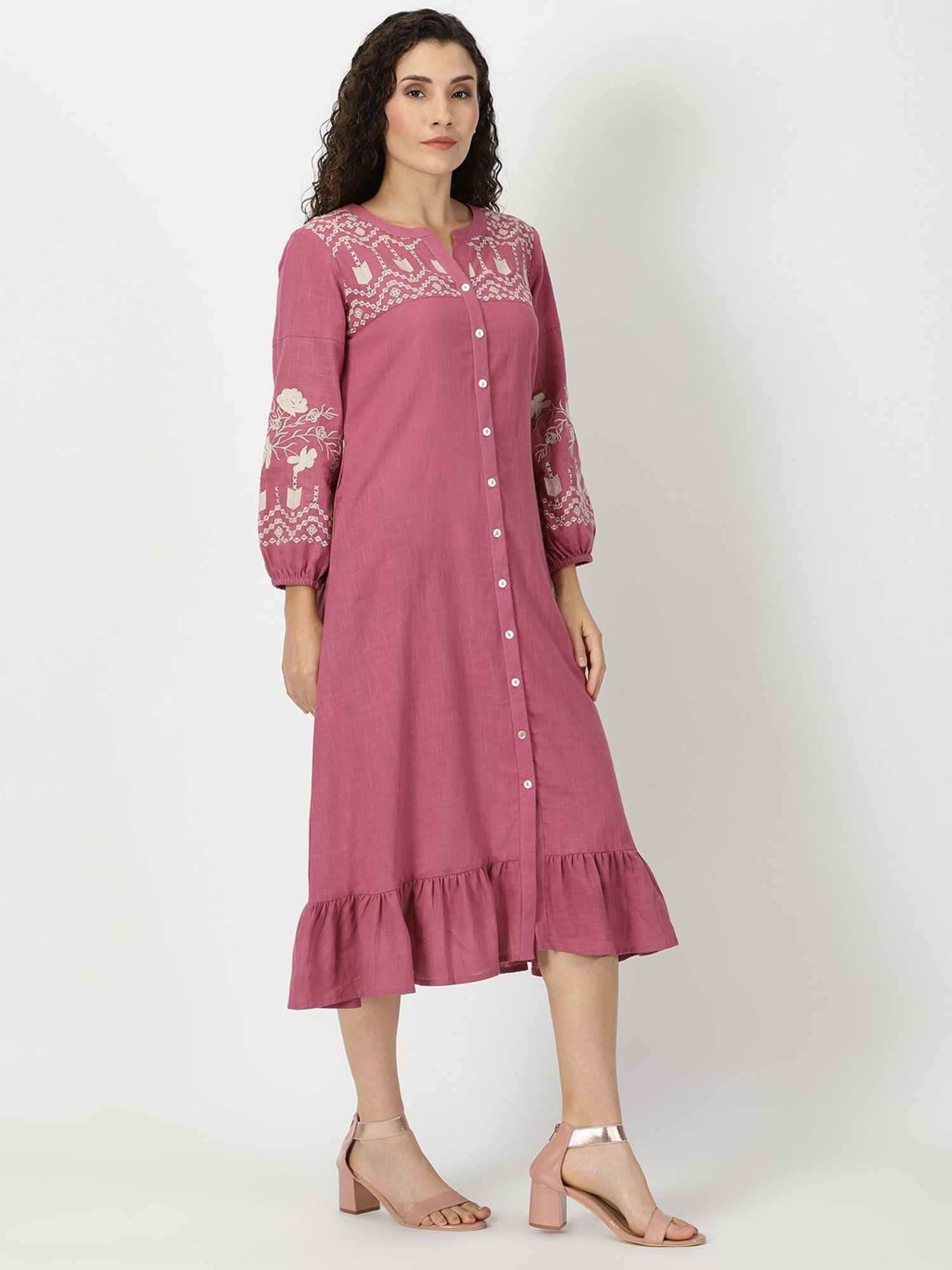Saffron Threads Pink Cotton Embroidered Ethnic Dress