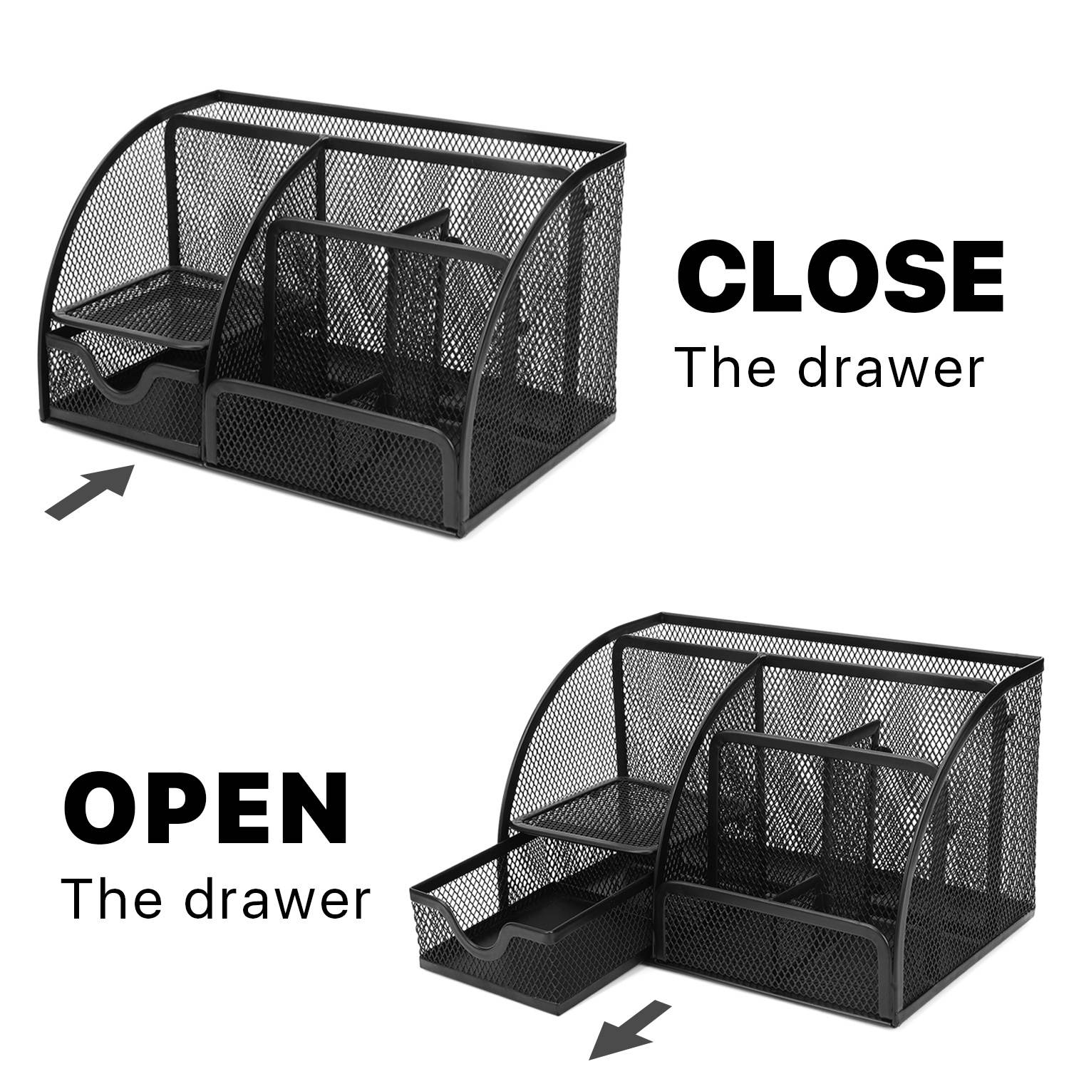 Desk Organizer Office Supplies Accessories Desktop Tabletop Sorter Shelf Pencil Holder Caddy Set - Metal Mesh with Drawer and 6 Compartments (Black)