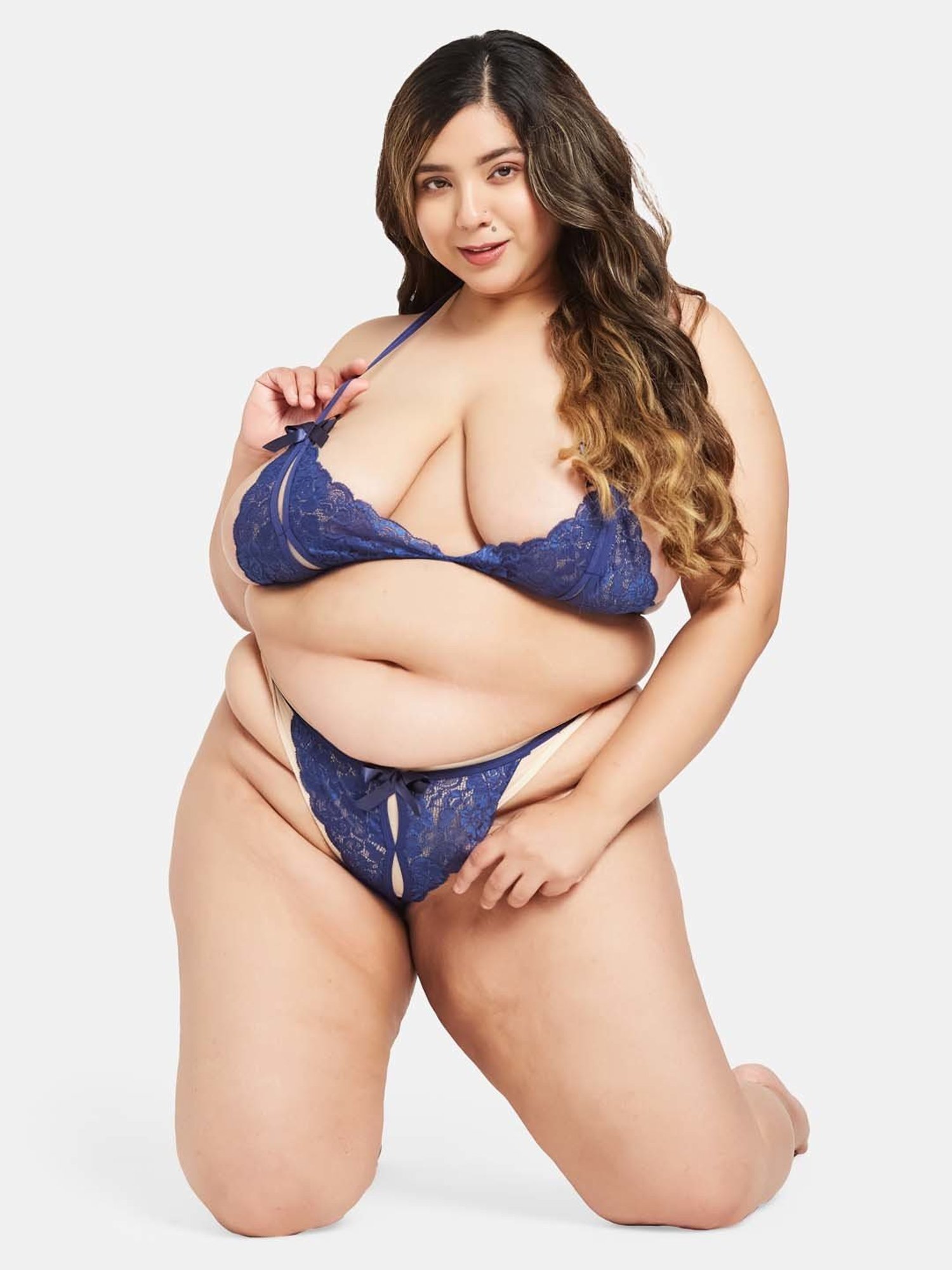 Secrets By ZeroKaata Navy Lace Work Bra Panty Set