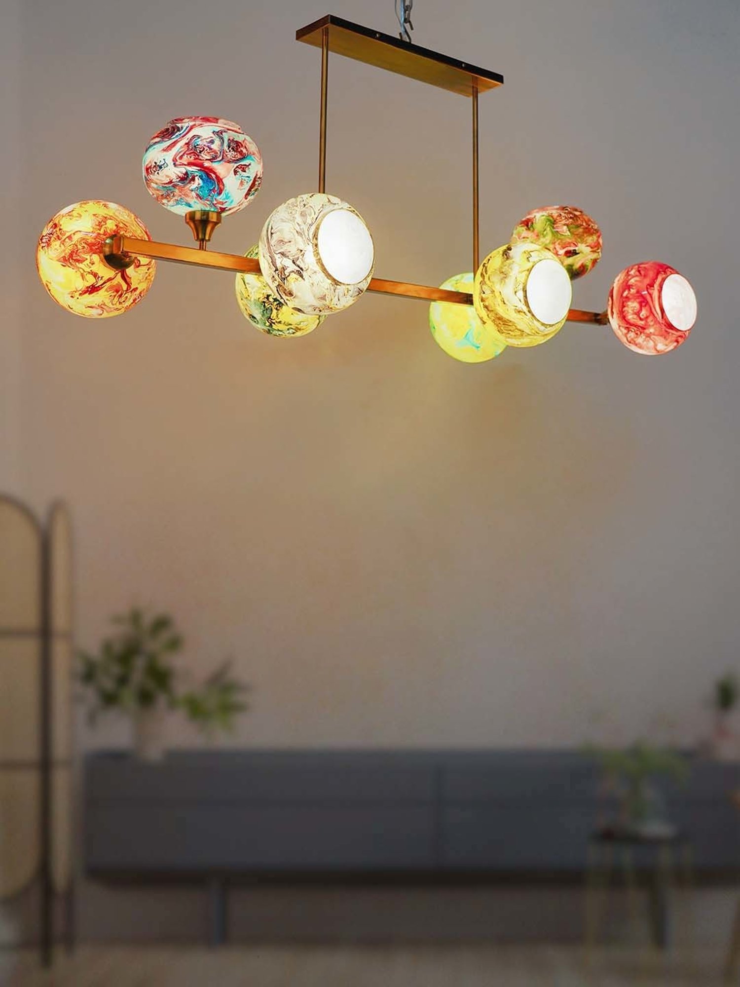 Fos Lighting Modern Linear Multicolor Steel 8-In-1 Chandelier With Glass Shades