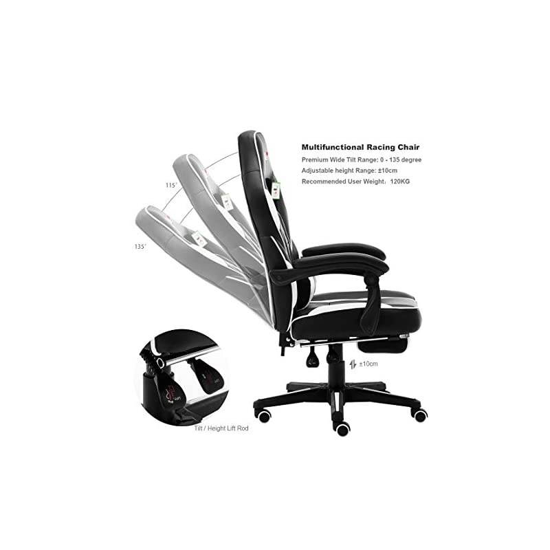 Ergonomic Gaming Chair with Footrest, Professional Gamer Design Home Office Computer Executive Swivel Racing Chair, PU Leather Padding Desk Chair (Black&White)
