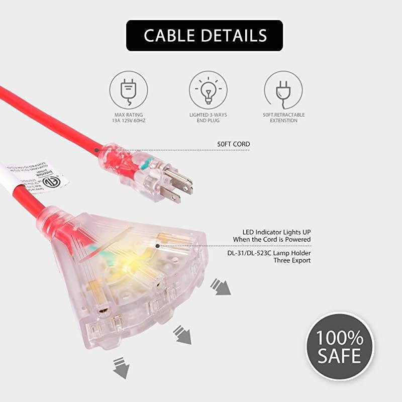 Heavy Duty 50 Feet Retractable Extension Cord Reel with Ceiling Wall Mount Swivel Bracket and LED Light Connector ETL Certified