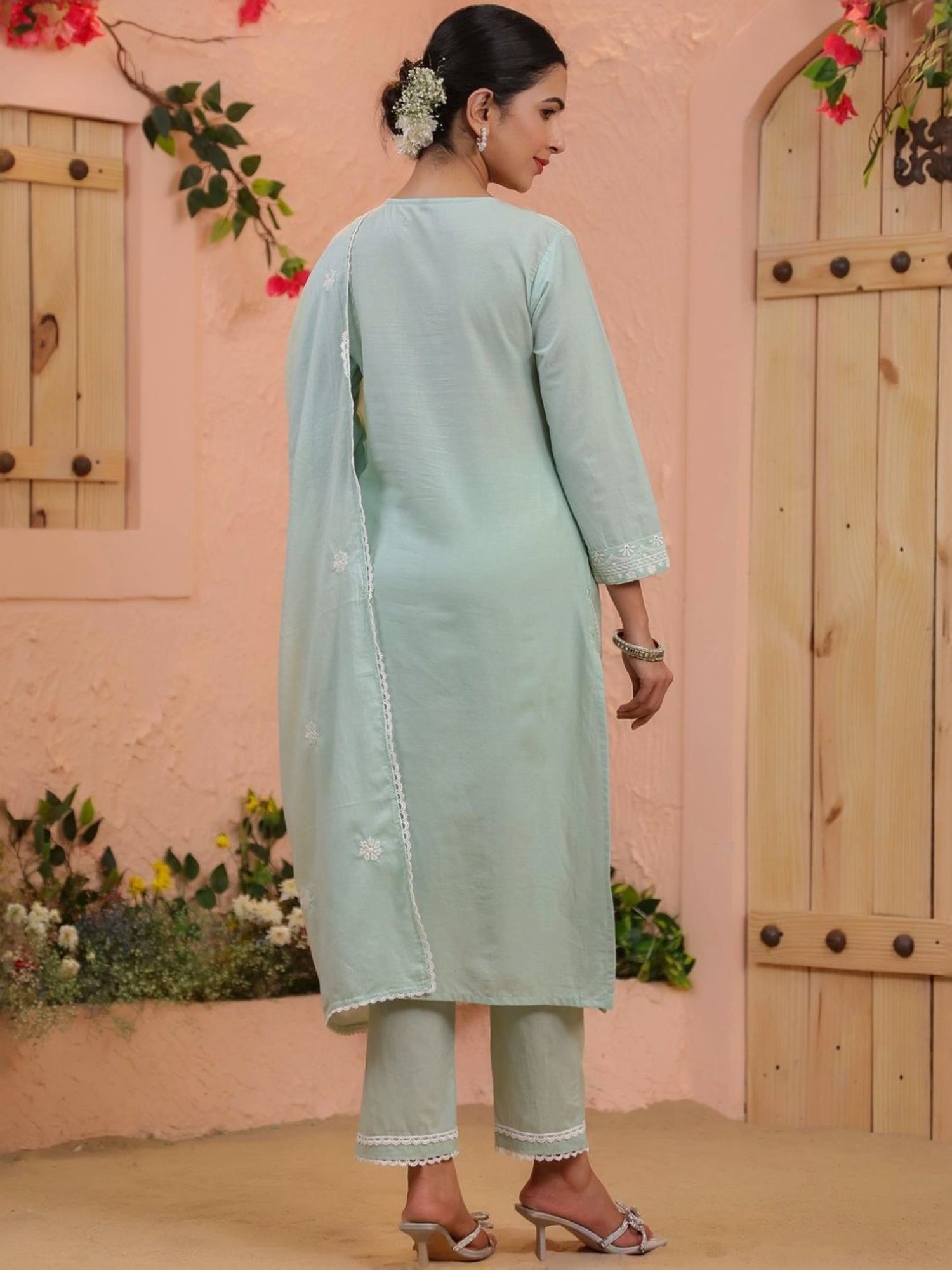 Scakhi Pista Green Cottom Embroidered and Beadwork Kurta and Pant With Dupatta