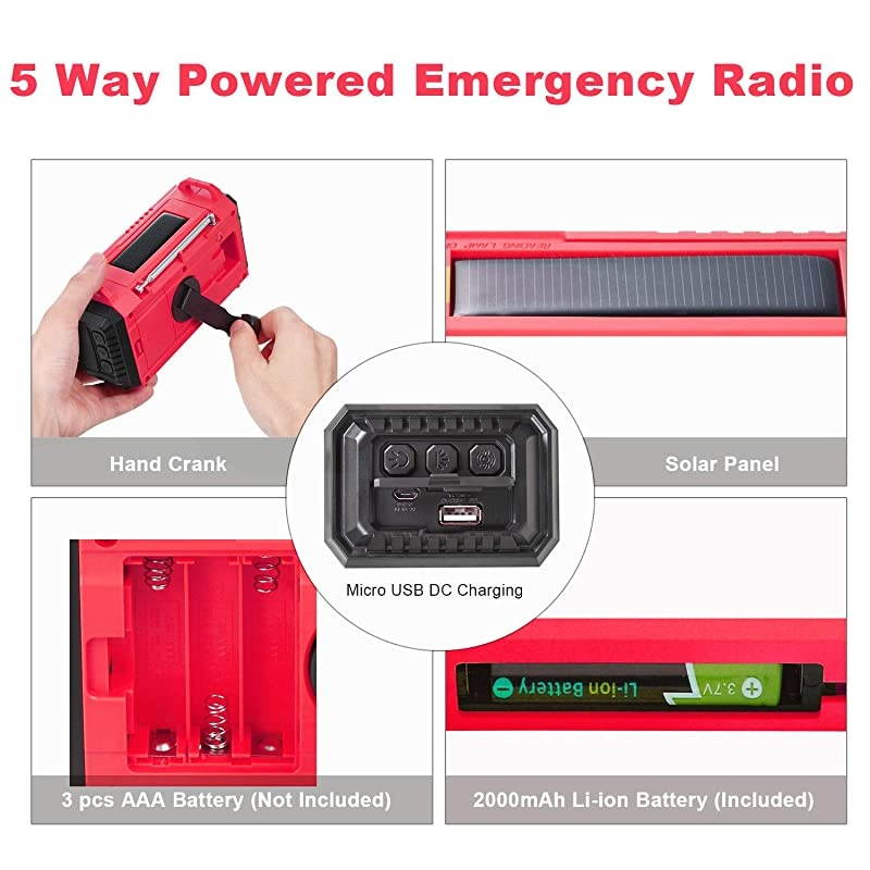 Hand Crank Portable NOAA Weather Alert Radio5Way Powered AMFMSW Emergency Radio for HouseholdOutdoor2500mAh Battery Power Bank USB ChargerLED FlashlightCamping LanternSOS AlarmCompass