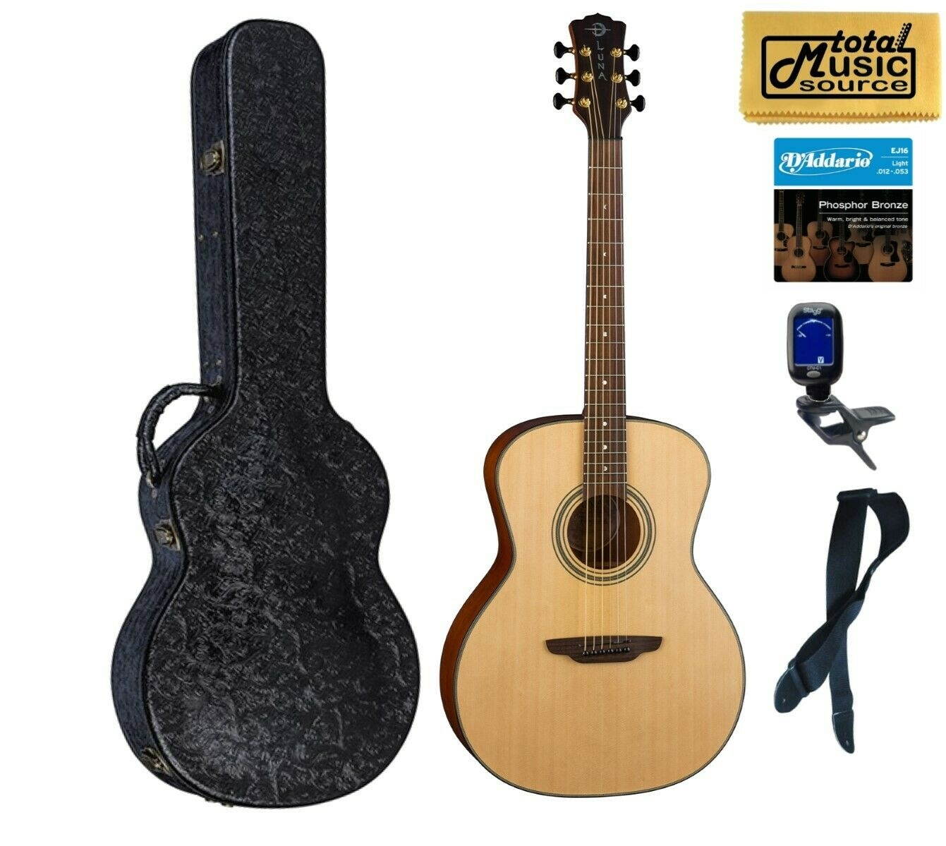 Luna ART RECORDER Acoustic Guitar, Concert, Natural Finish, Hard Case Bundle