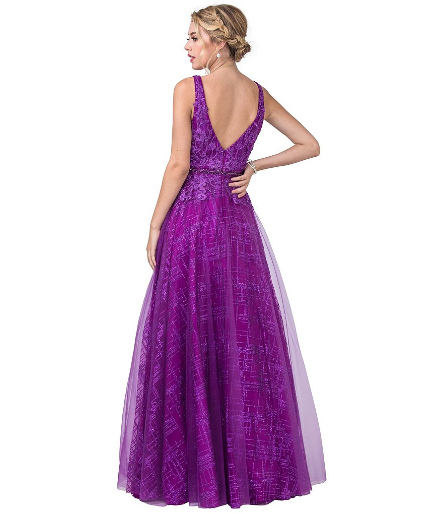 Coya Collection Sleeveless Plunging V-Neck Embroidered Glitter Mesh Ball Gown
