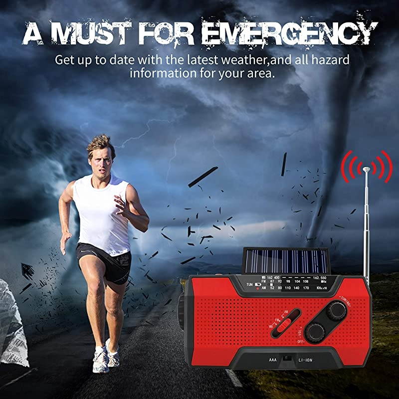 Rechargeable Solar Crank AMFMNOAAWeather Radio with Flashlight2000 mAh Power BankSOS Alarm Reading LampPhone Charger for Tornadoes Hurricanesand Storms