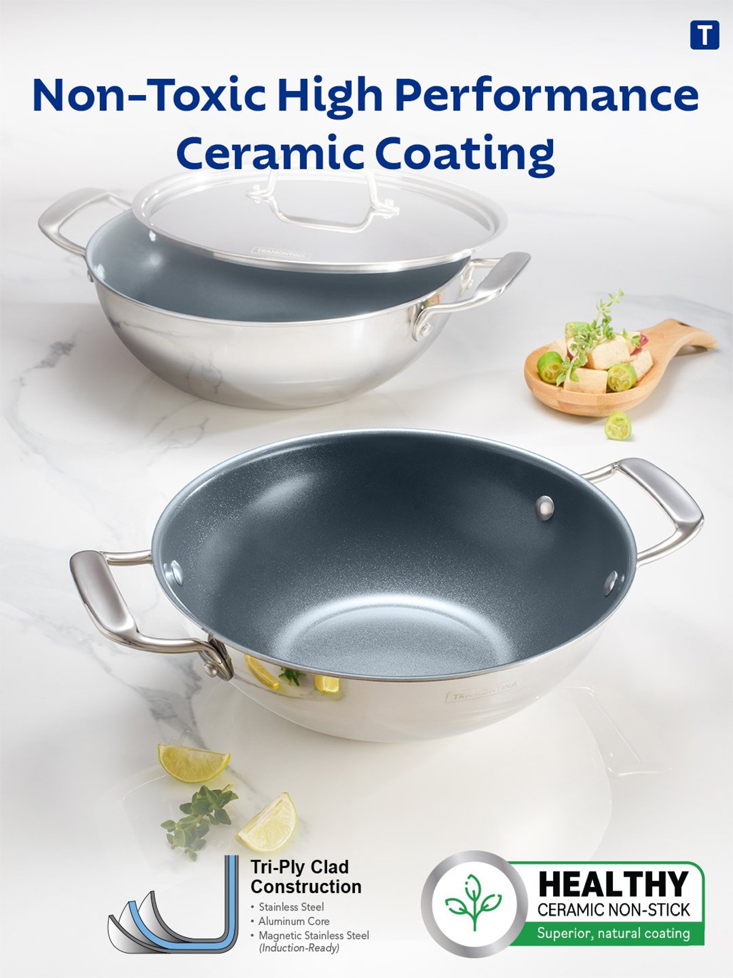 Tramontina Fusao Non-Toxic Triply Stainless Steel Ceramic Kadai with lid 24cm/2.6L Induction Base