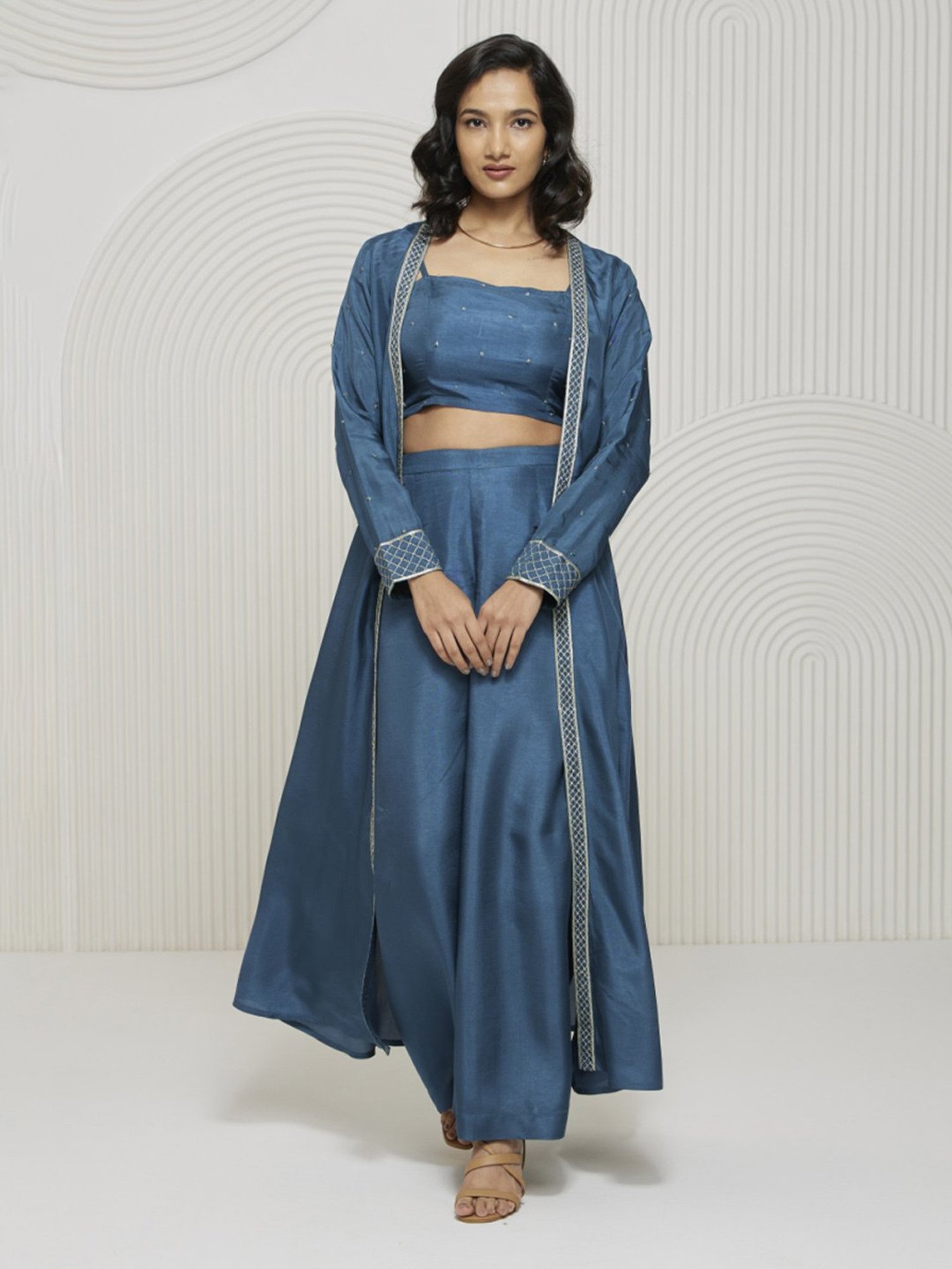 Artagai Liason Blue Romancing Aari Crop Top And Wide Leg Trousers With Midi-Jacket