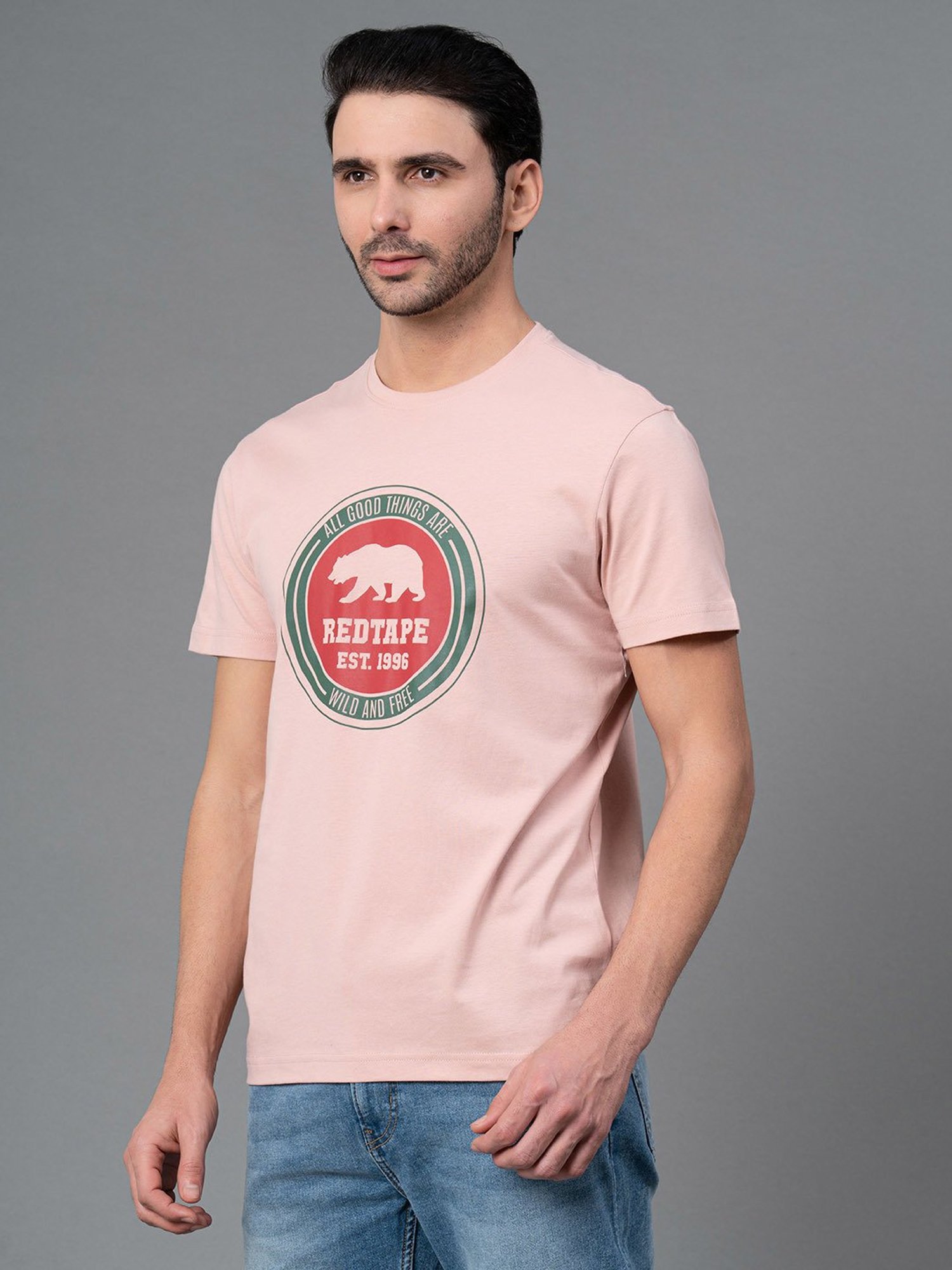 Red Tape Light Pink Regular Fit Graphic Print Cotton Crew T-Shirt