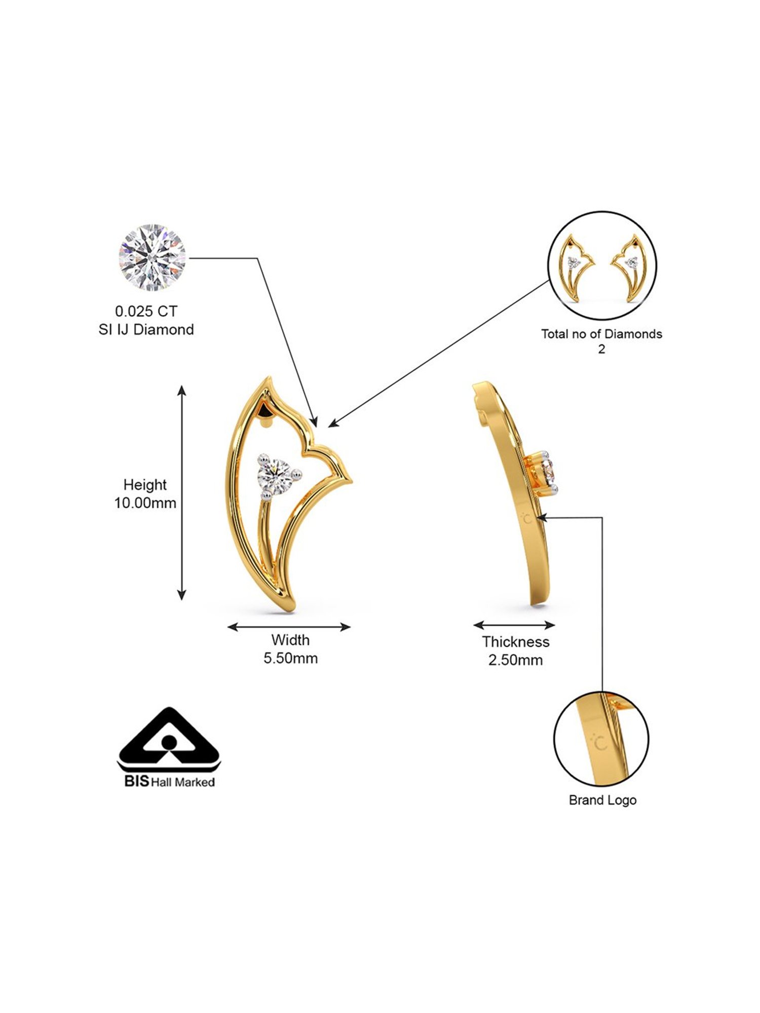 Candere by Kalyan Jewellers Stylish 18K Yellow Gold and Diamond Stud Earrings