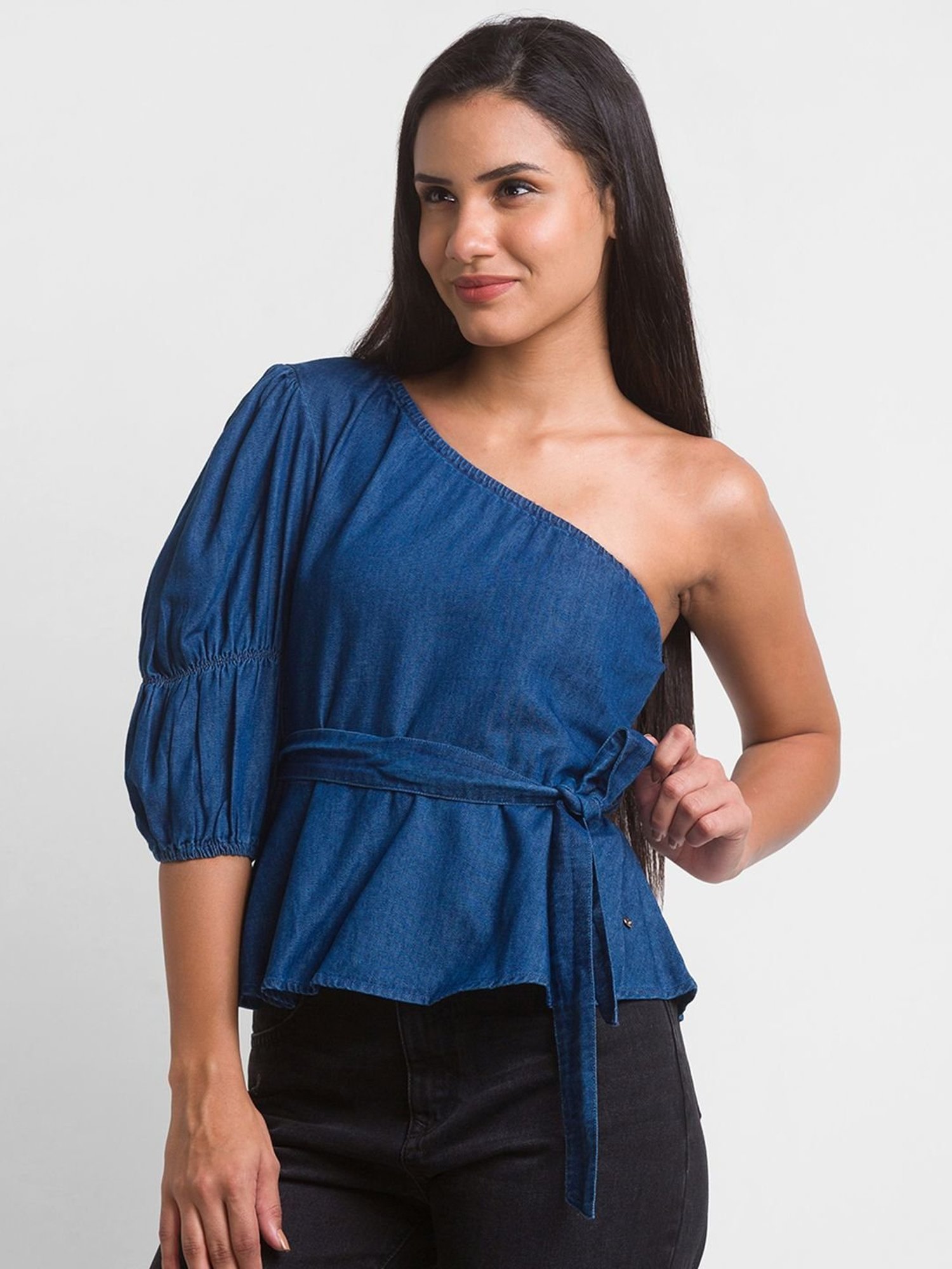 Spykar Blue Cotton One Shoulder Top