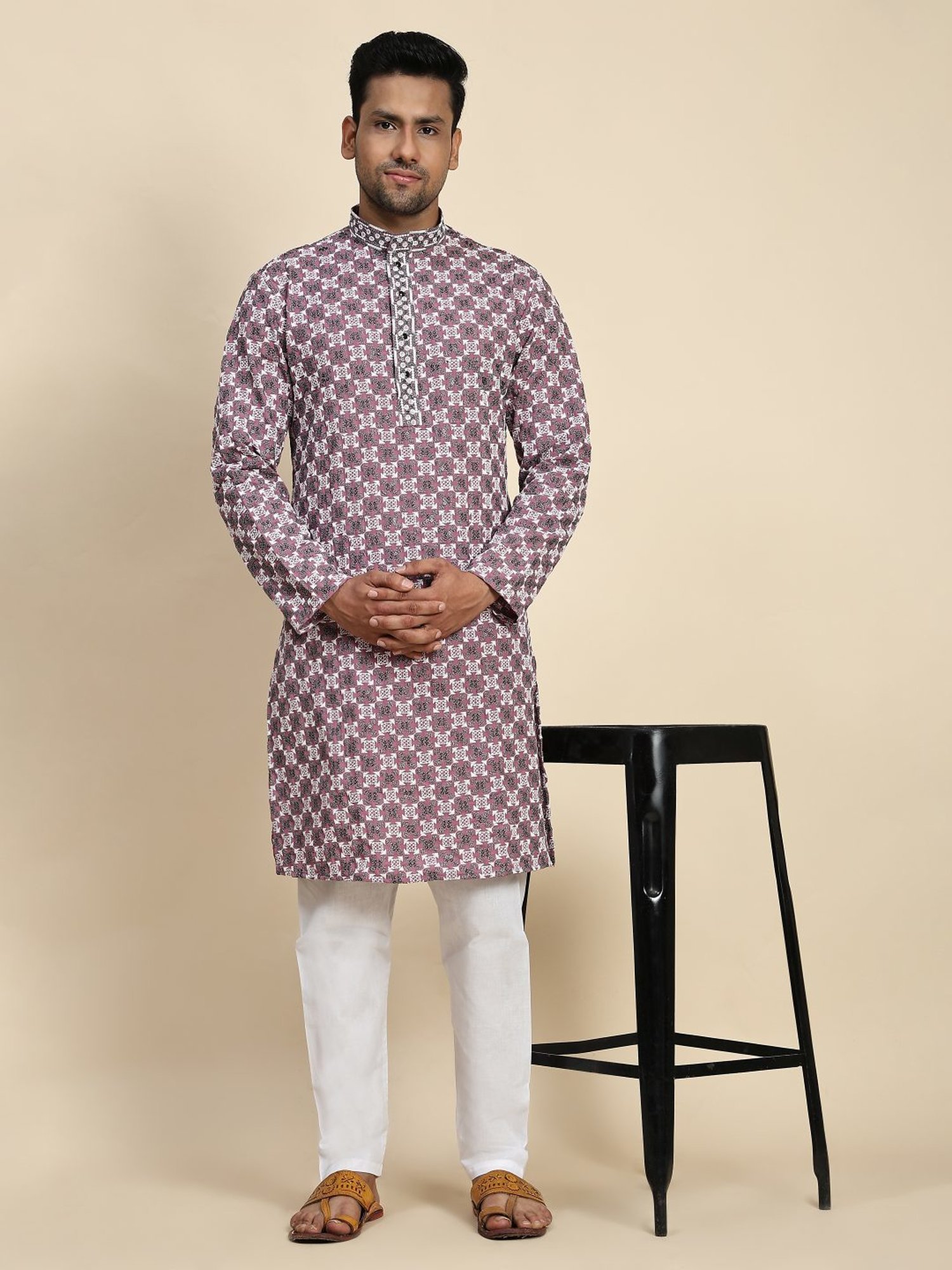 Pro-Ethic Style Developer Pink & White Cotton Regular Fit Embellished Kurta Bottom Set