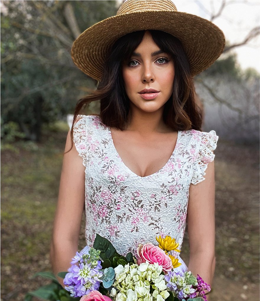 Shabby Chic Loa Floral Rose Print Corded Stretch Lace V-Neck Sleeveless Top