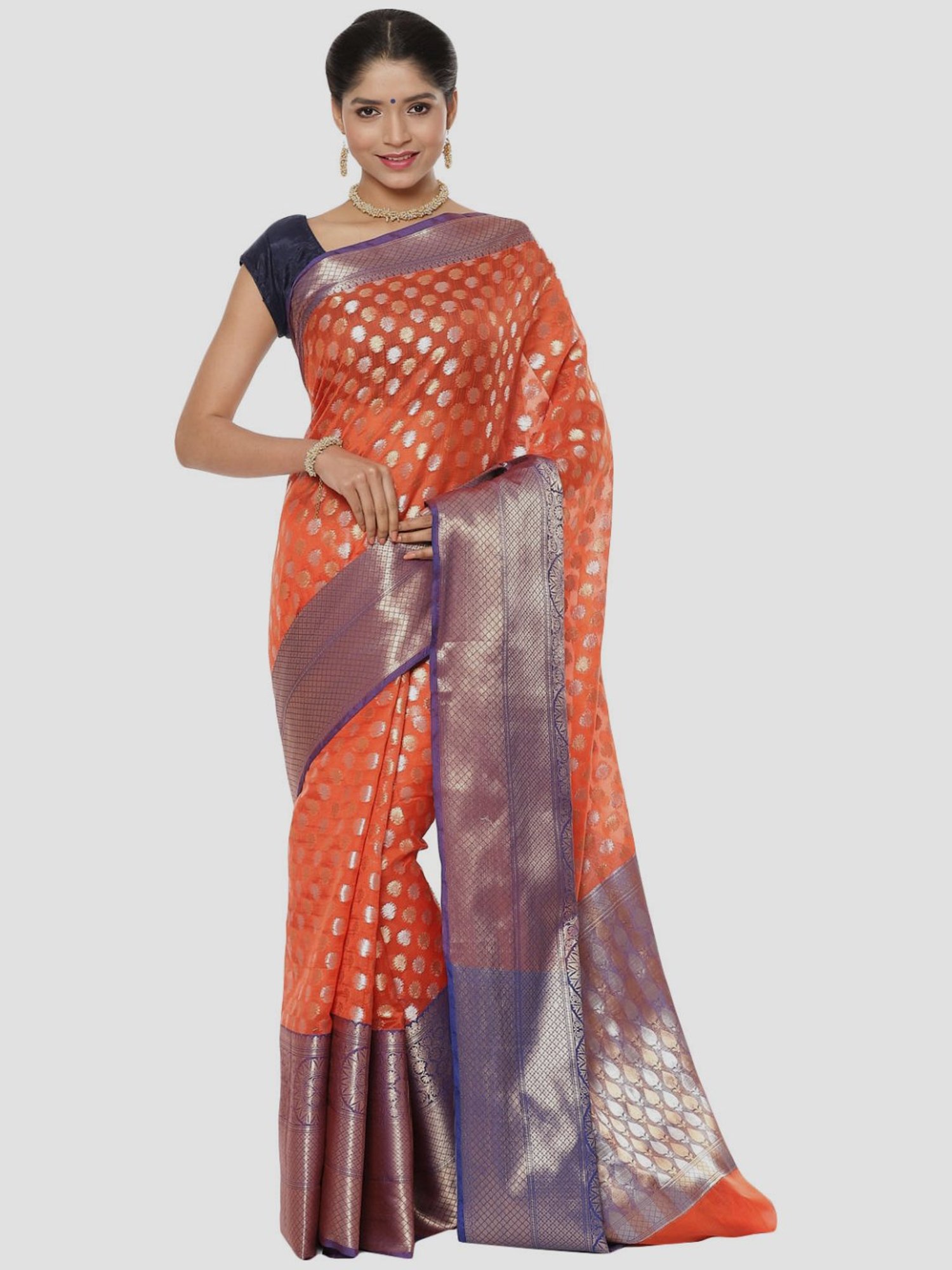 Banarasi Silk Works Orange Woven Saree With Unstitched Blouse