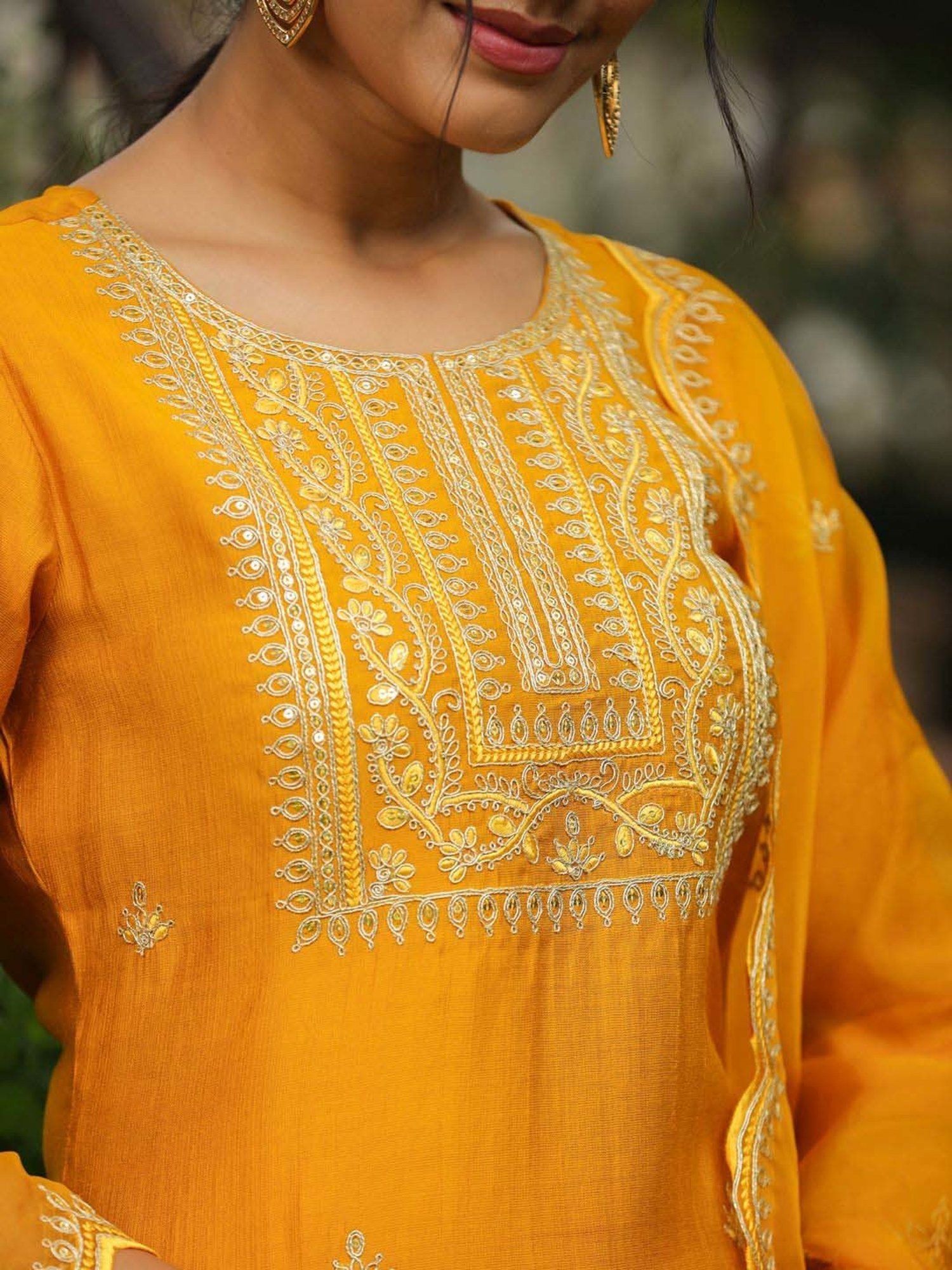 Janasya Mustard Embroidered Kurta Pant Set With Dupatta